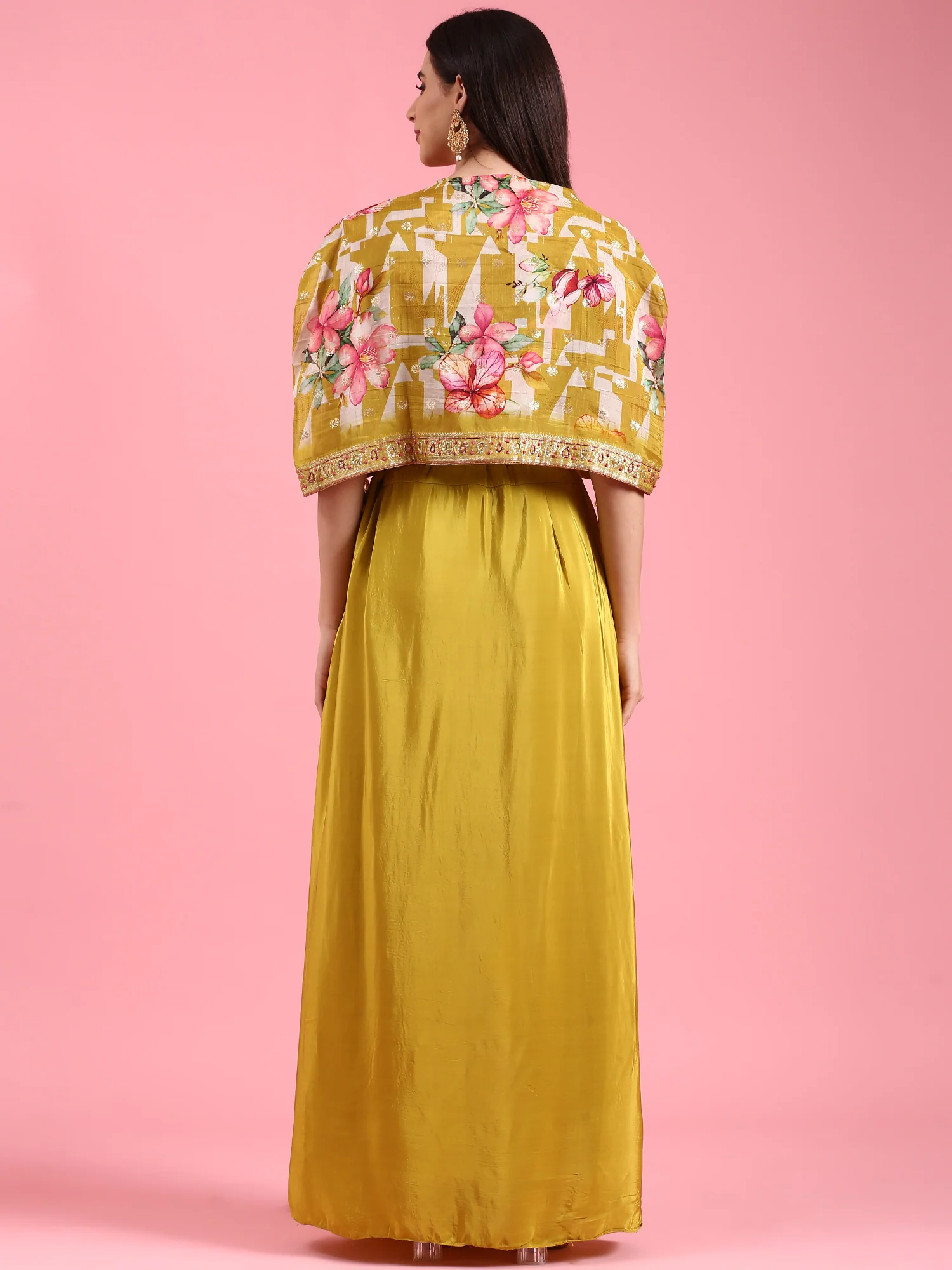 Variyali Green Silk Printed Jacket With Skirt - Image 3