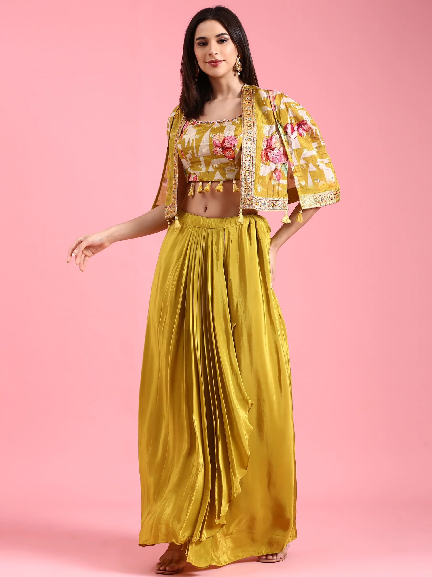 Variyali Green Silk Printed Jacket With Skirt - Image 5