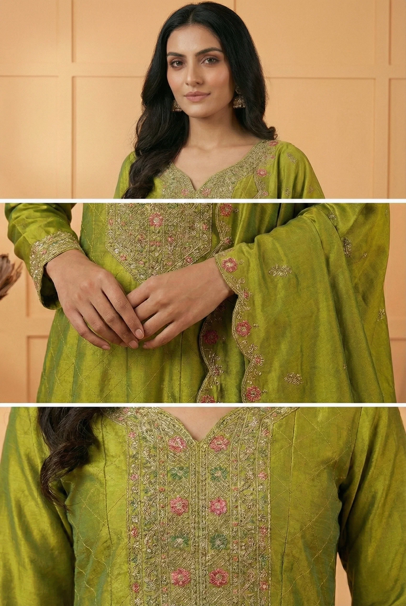 Variyali Green Silk Zari Embroidery Three Piece Set - Image 2
