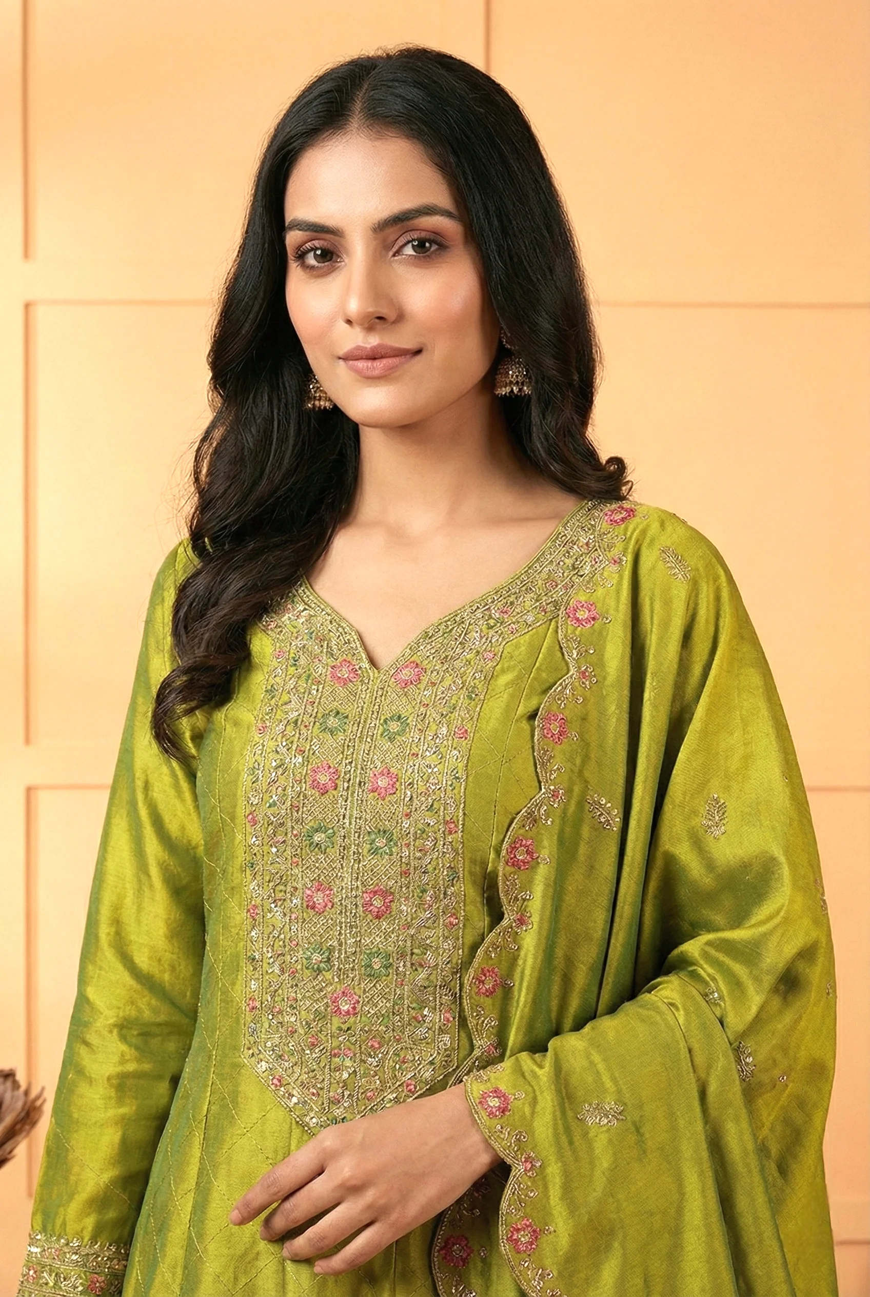 Variyali Green Silk Zari Embroidery Three Piece Set - Image 4