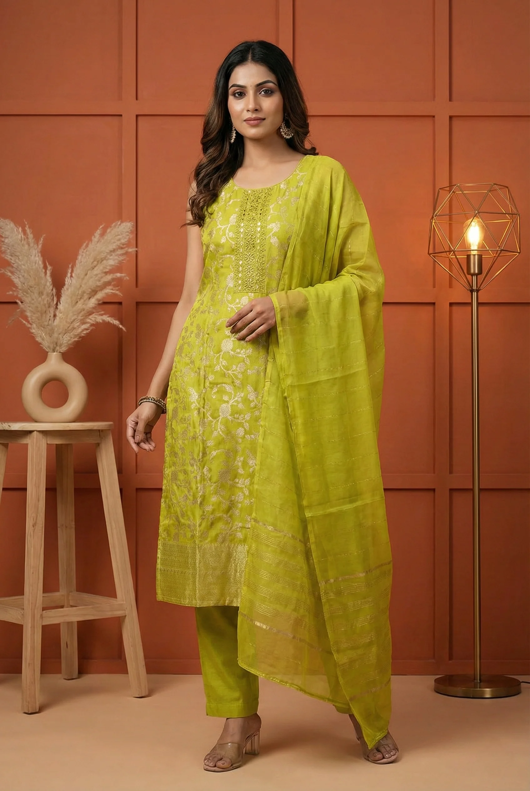 Variyali Green Tissue Floral Printed Three Piece Set