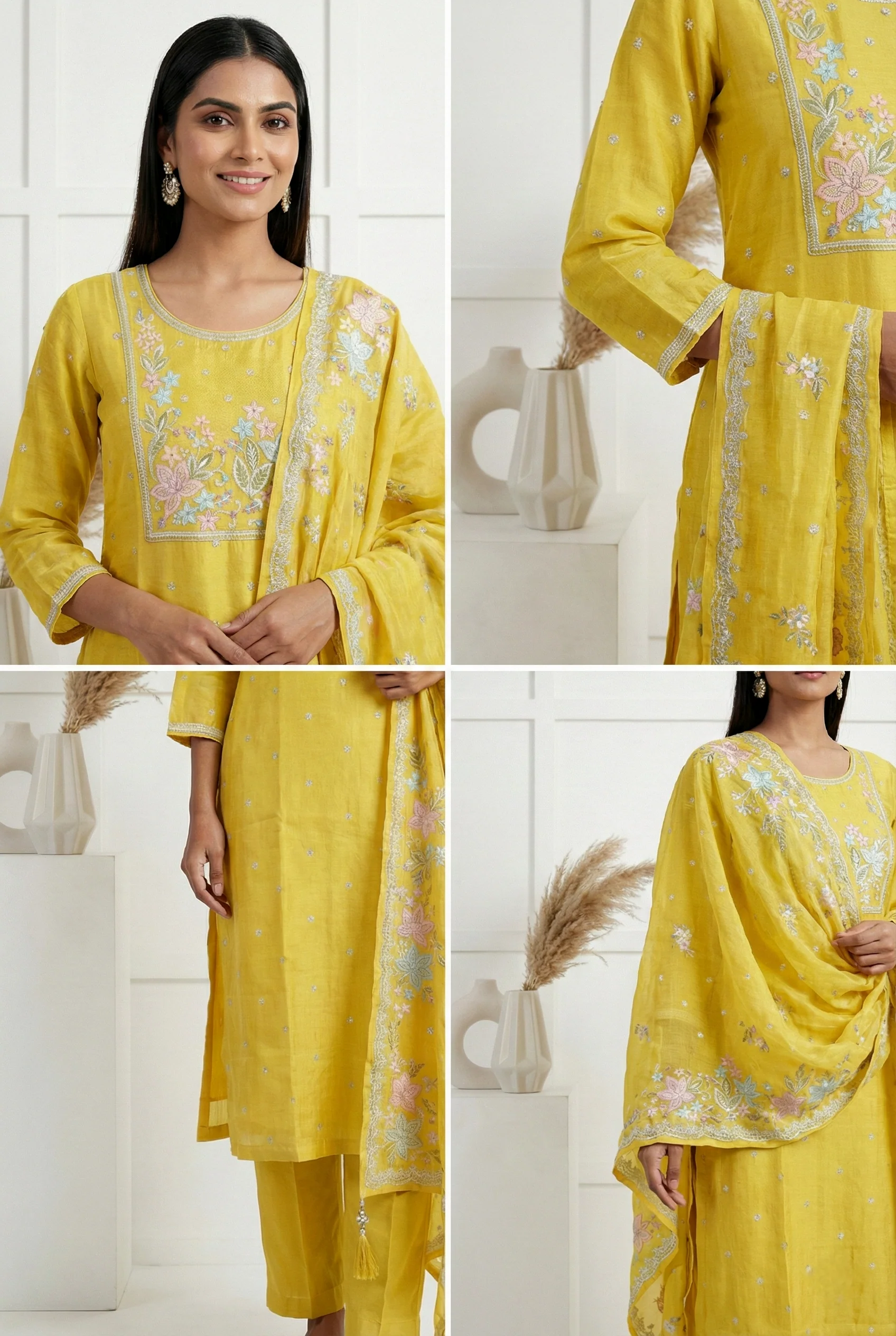 Variyali Green Tissue Hand Embroidery Three Piece Set - Image 3