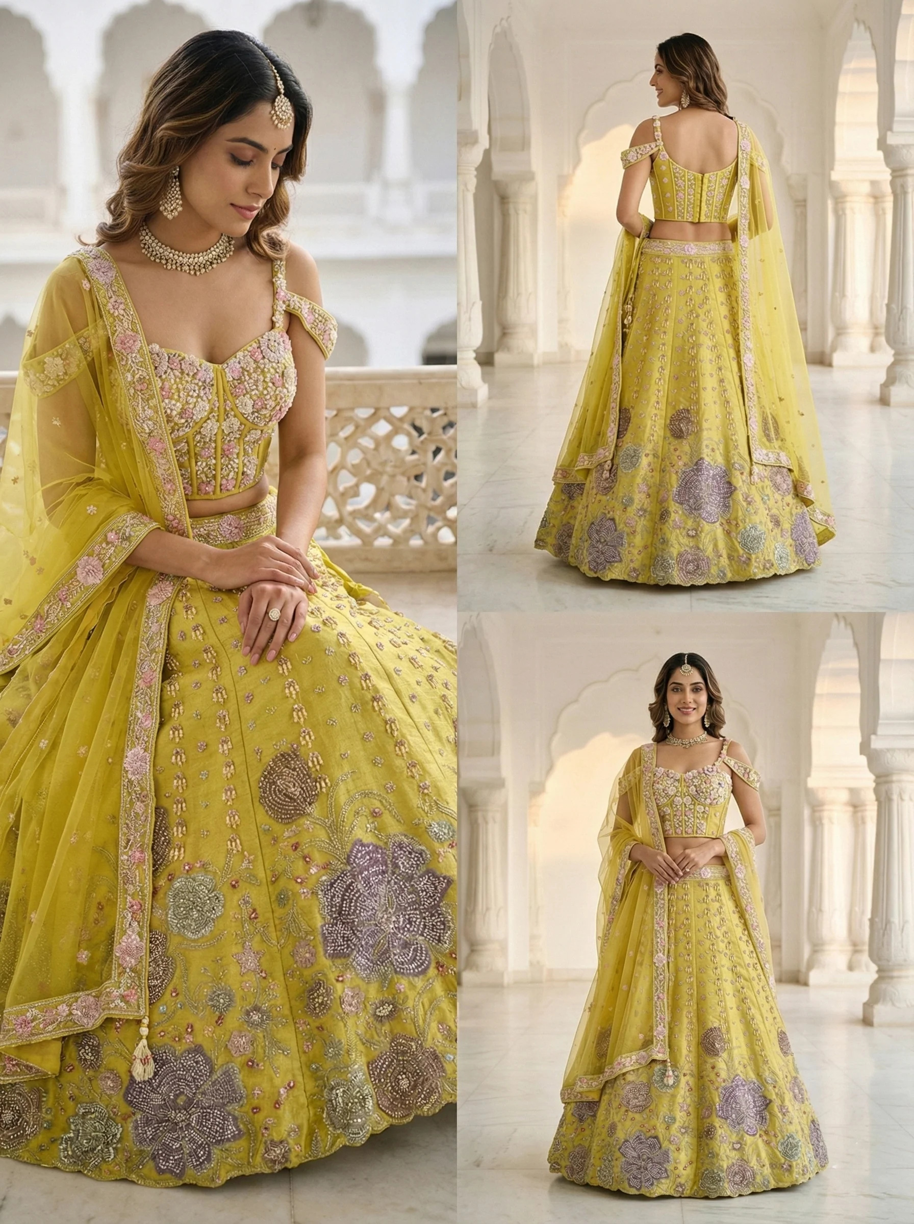 Variyali Green Tissue Heavy Hand Embroidered Ghagra Set - Image 3