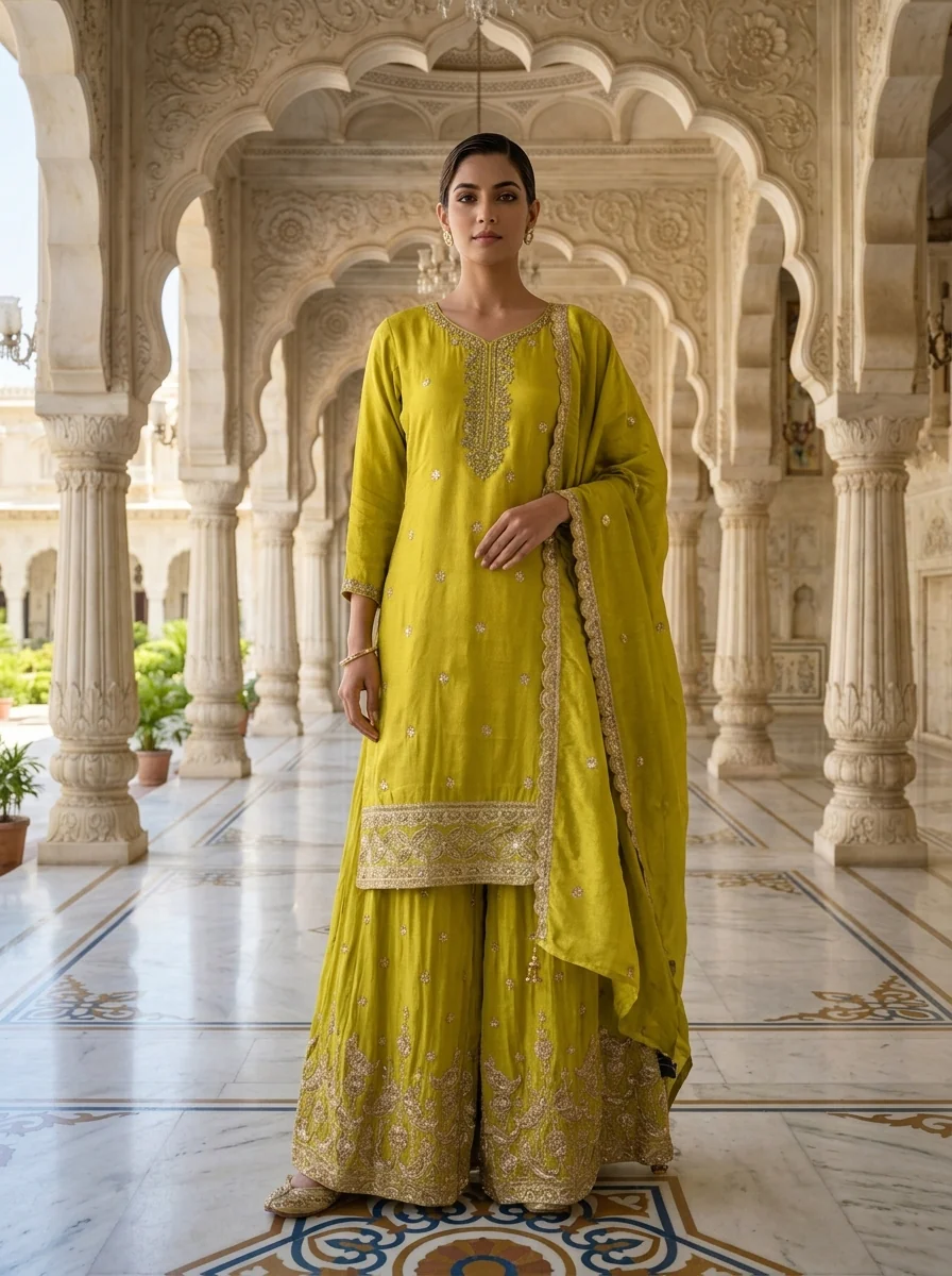 Variyali Green Tissue Sequins And Beads Embroidery Three Piece Set