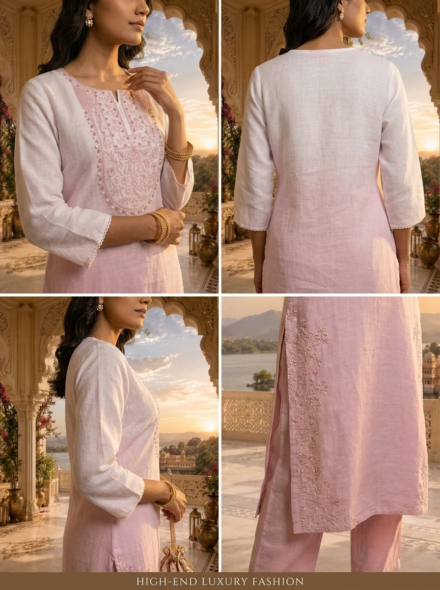 White And Baby Pink Linen Hand Embroidery Two Piece Set - Image 5