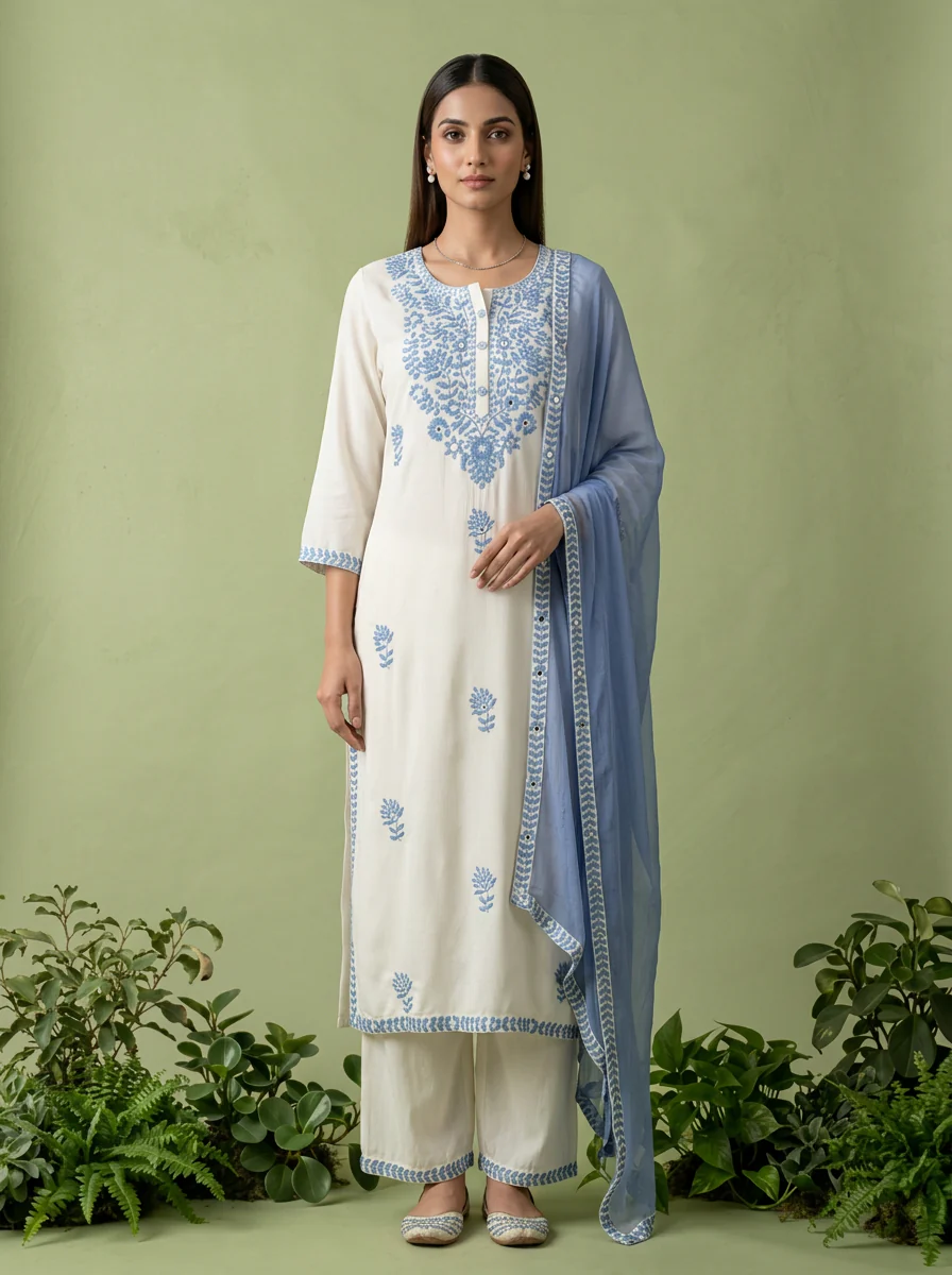White And Blue Heavy Floral Thread Embroidery Rayon Three Piece Set