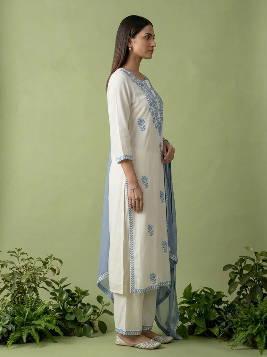 White And Blue Heavy Floral Thread Embroidery Rayon Three Piece Set - Image 4