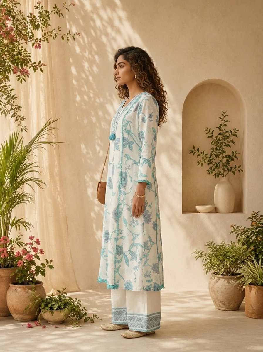 White And Ferozi Floral Printed And Patch Embroidery Three Piece Set - Image 3