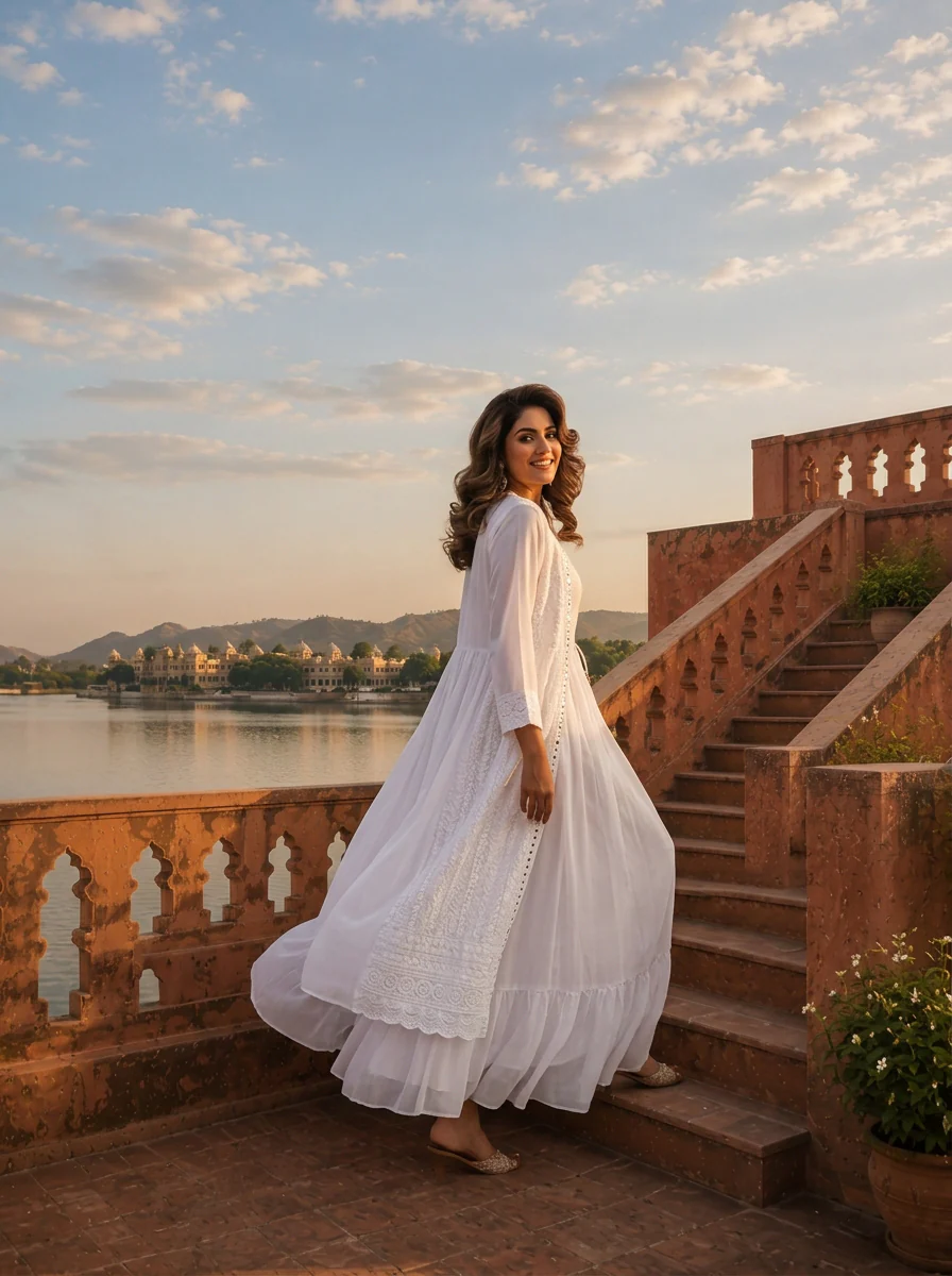 White Chikankari Floral Embroidery Long Dress With Shrug - Image 2