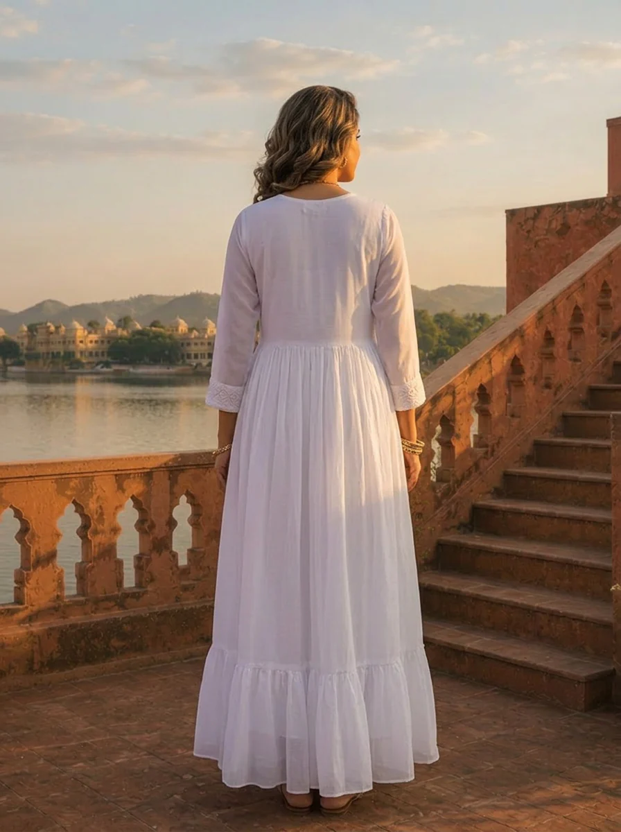 White Chikankari Floral Embroidery Long Dress With Shrug - Image 3