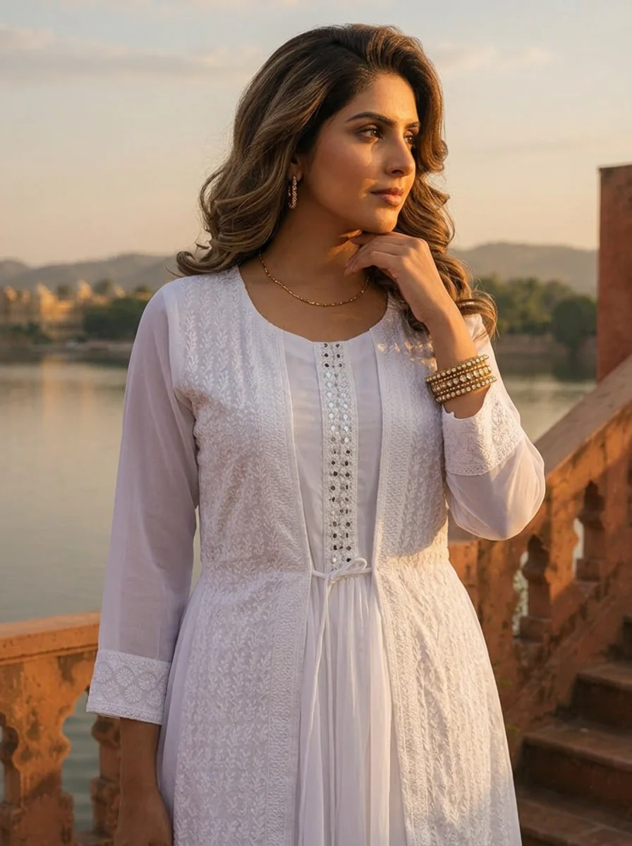 White Chikankari Floral Embroidery Long Dress With Shrug - Image 4