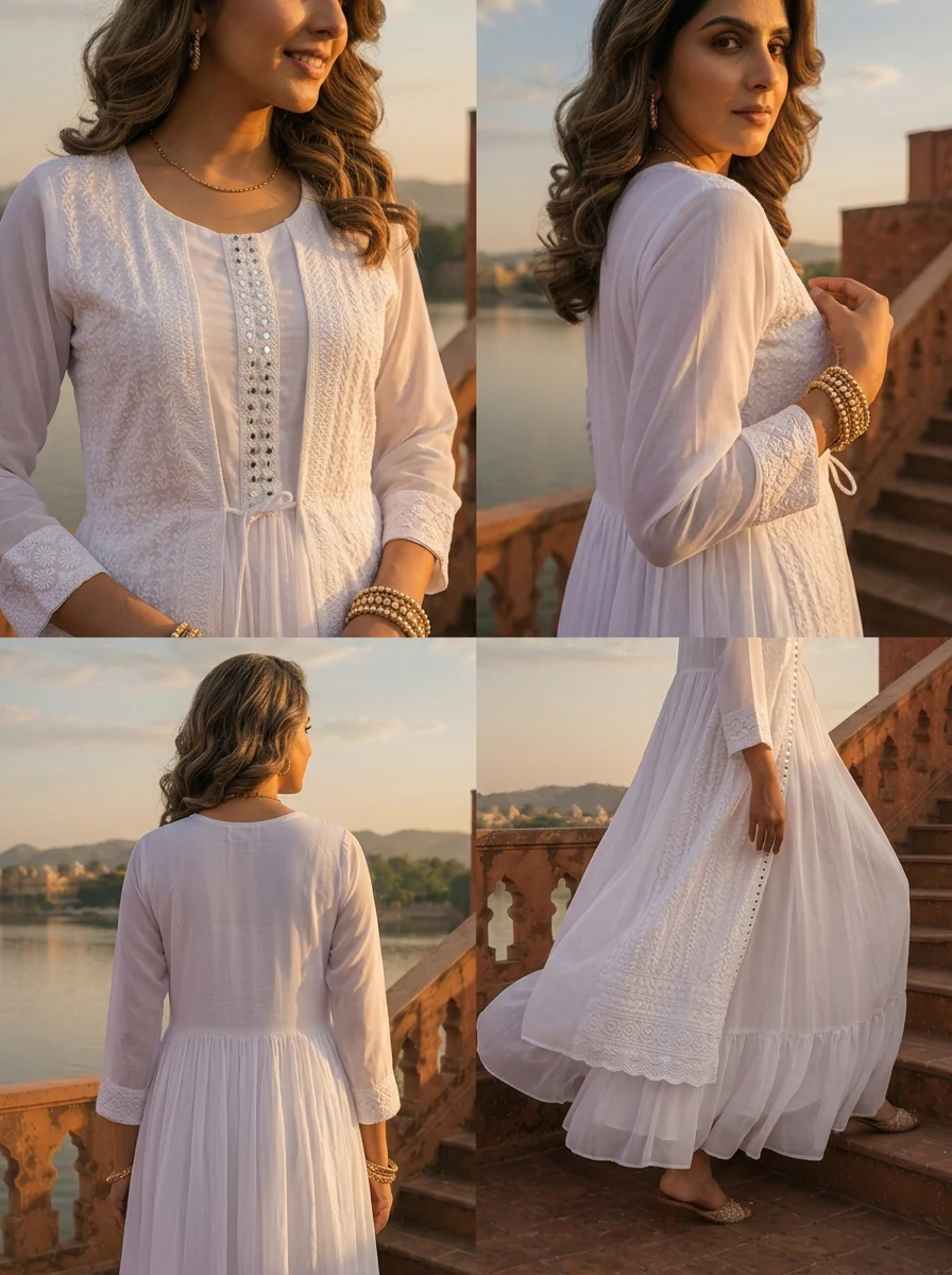 White Chikankari Floral Embroidery Long Dress With Shrug - Image 5