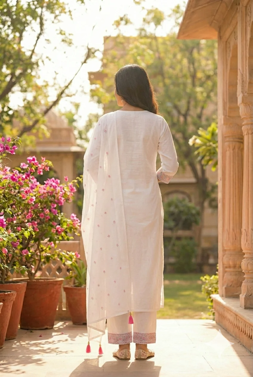 White Cotton Embroidery Three Piece Set - Image 2