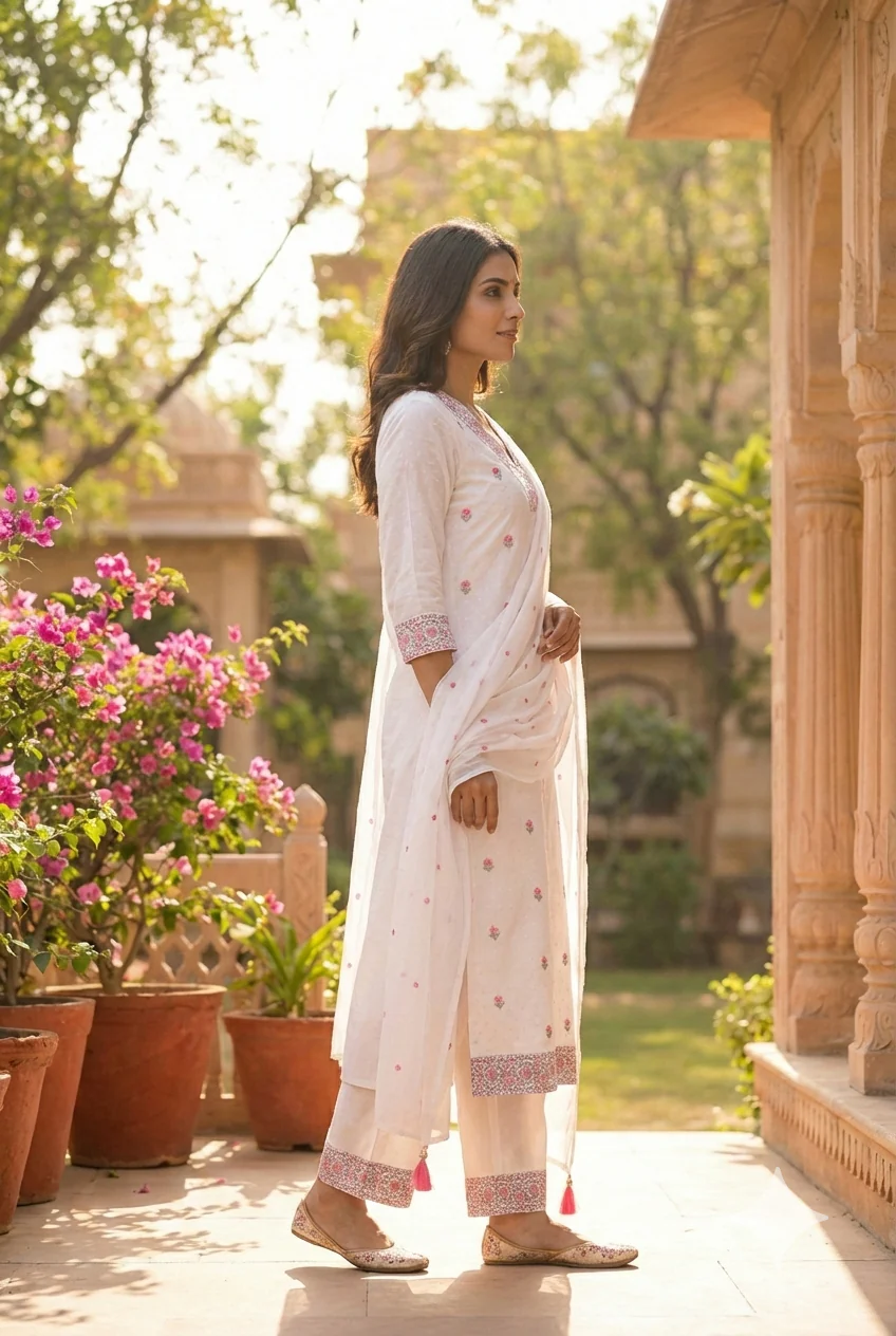 White Cotton Embroidery Three Piece Set - Image 3