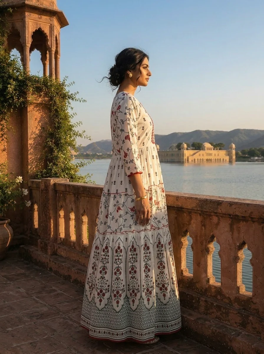 White Cotton Ethnic Floral Printed Dress - Image 3