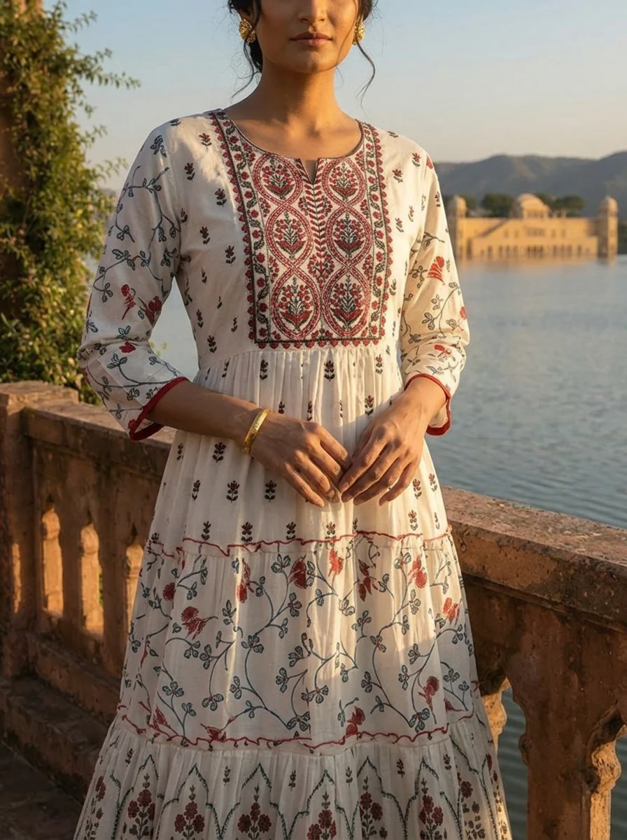 White Cotton Ethnic Floral Printed Dress - Image 4