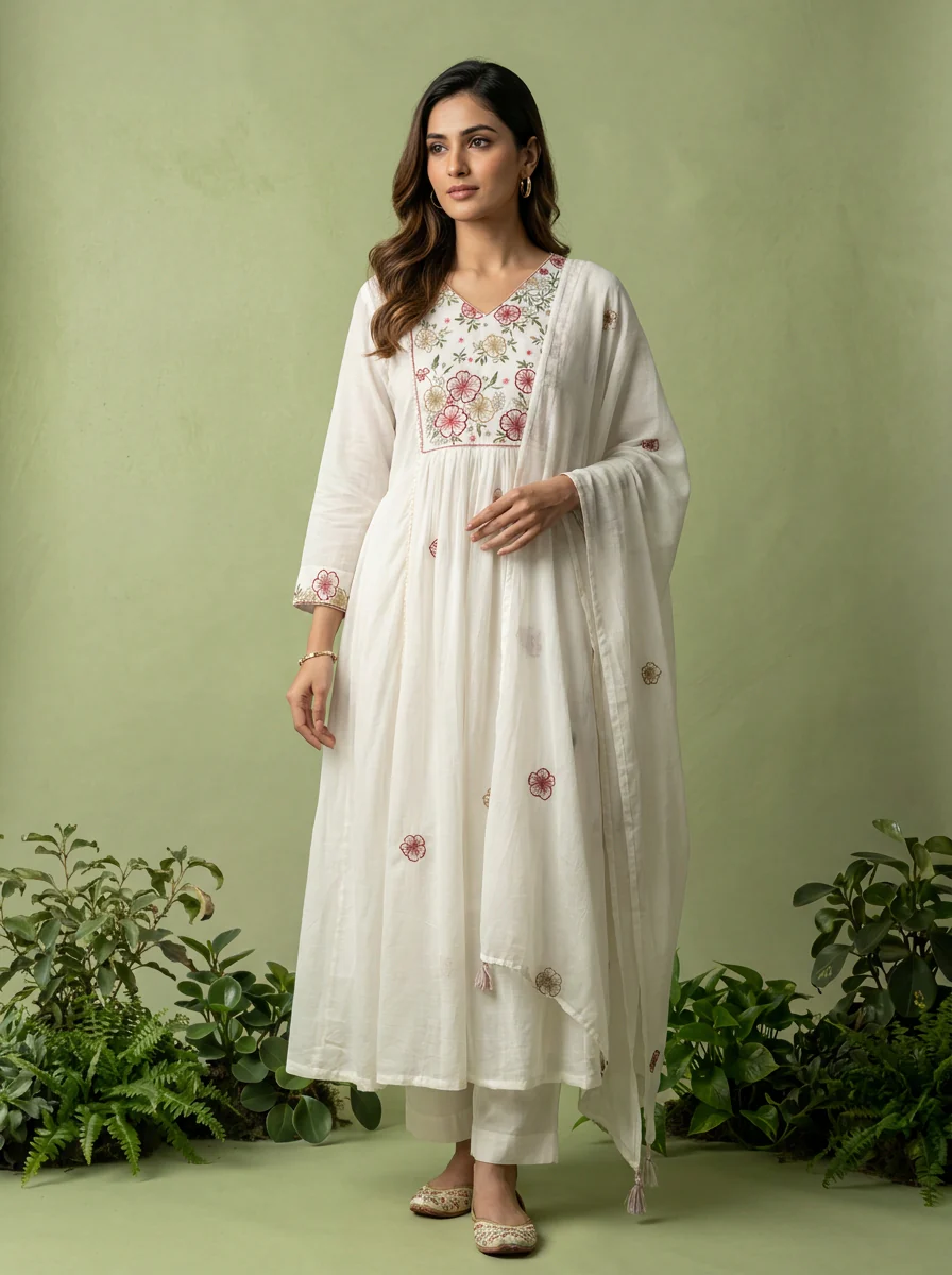 White Cotton Floral Hand Embroidery Three Piece Set - Image 2