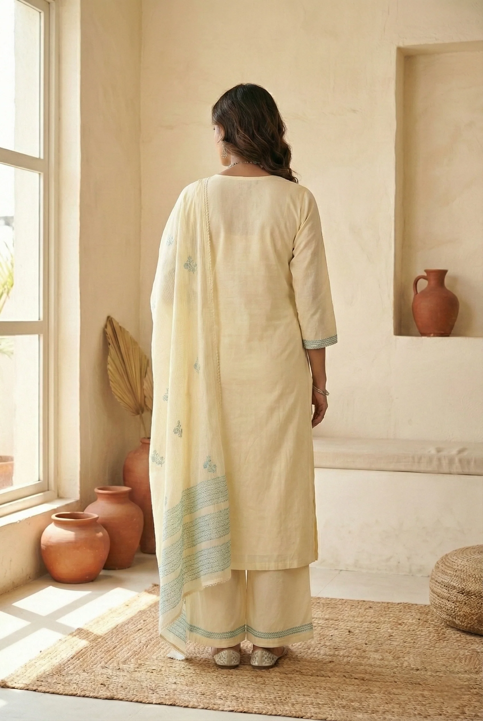 White Cotton Hand Embroidered Three Piece Set - Image 3