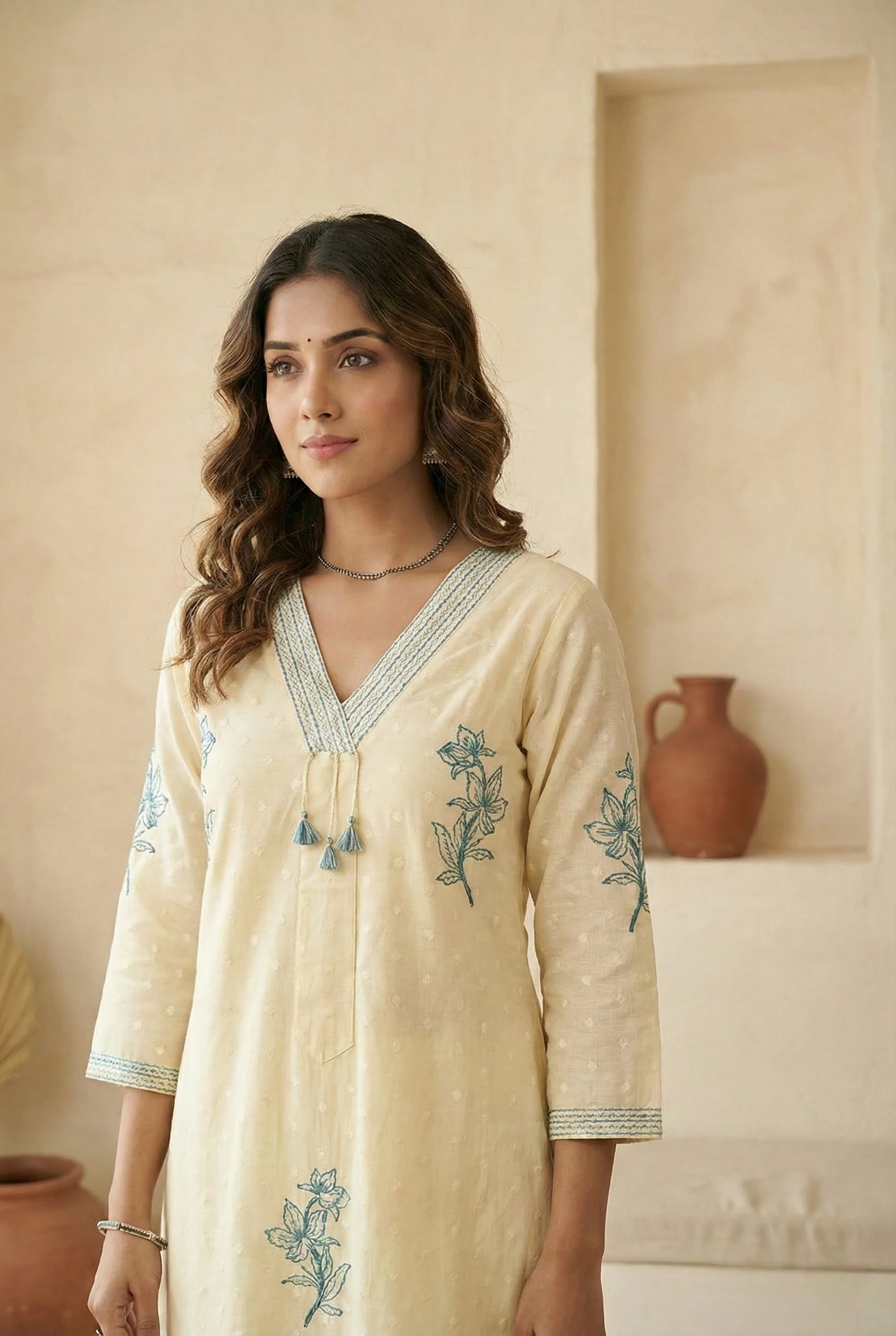 White Cotton Hand Embroidered Three Piece Set - Image 4