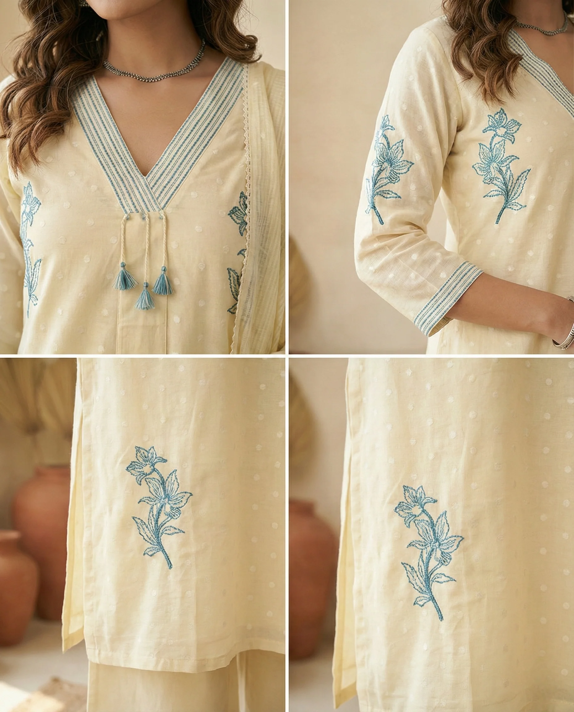 White Cotton Hand Embroidered Three Piece Set - Image 5