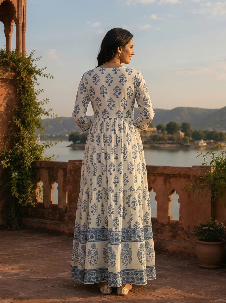 White Cotton Mughal Flower Bunch Motifs Printed Dress - Image 2