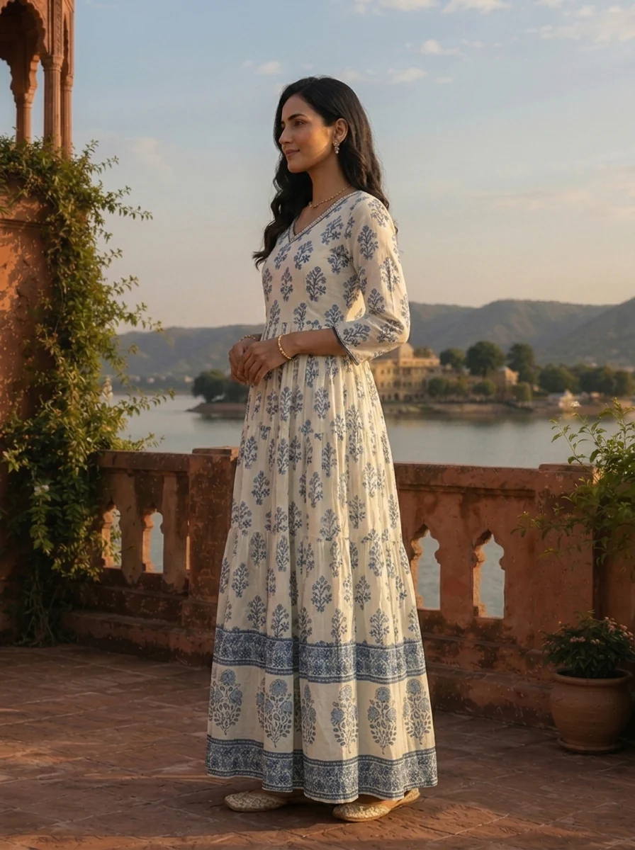 White Cotton Mughal Flower Bunch Motifs Printed Dress - Image 3