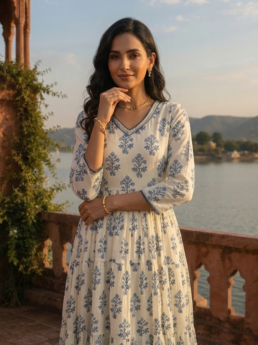 White Cotton Mughal Flower Bunch Motifs Printed Dress - Image 4