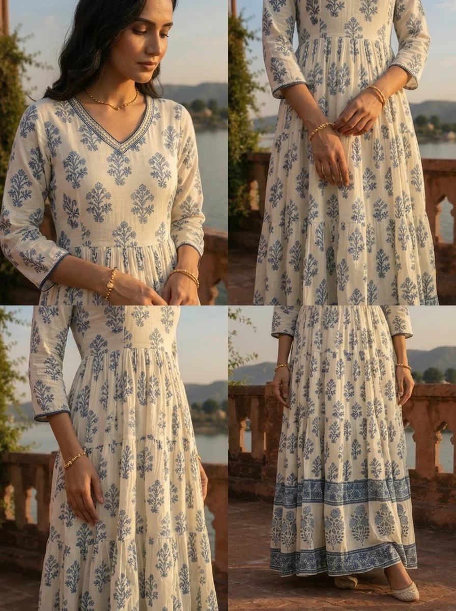 White Cotton Mughal Flower Bunch Motifs Printed Dress - Image 5
