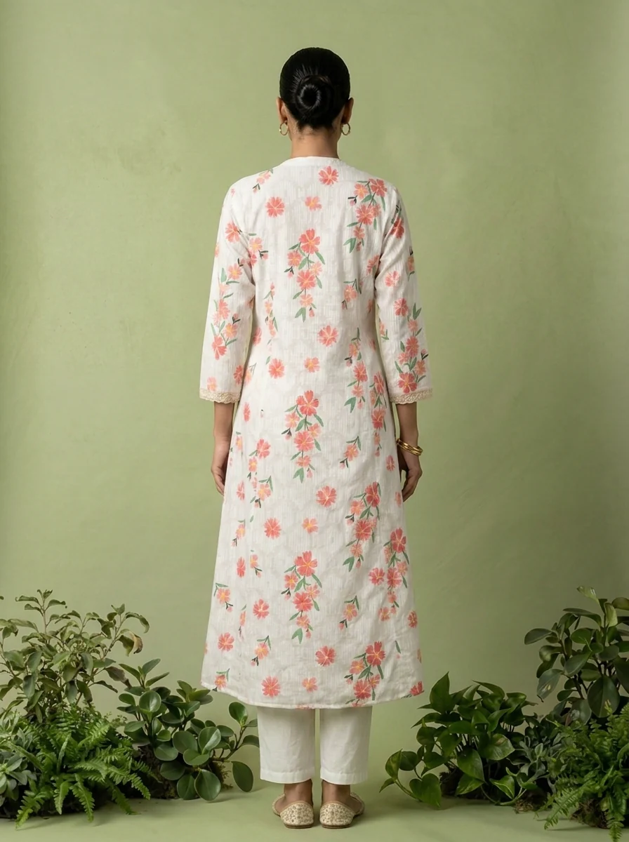 White Cotton Printed Two Piece Set - Image 2