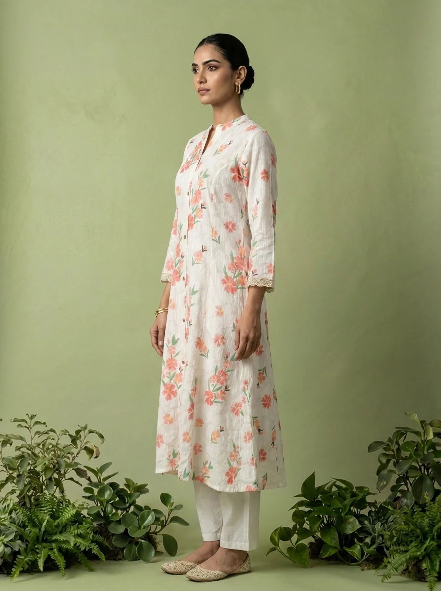 White Cotton Printed Two Piece Set - Image 3