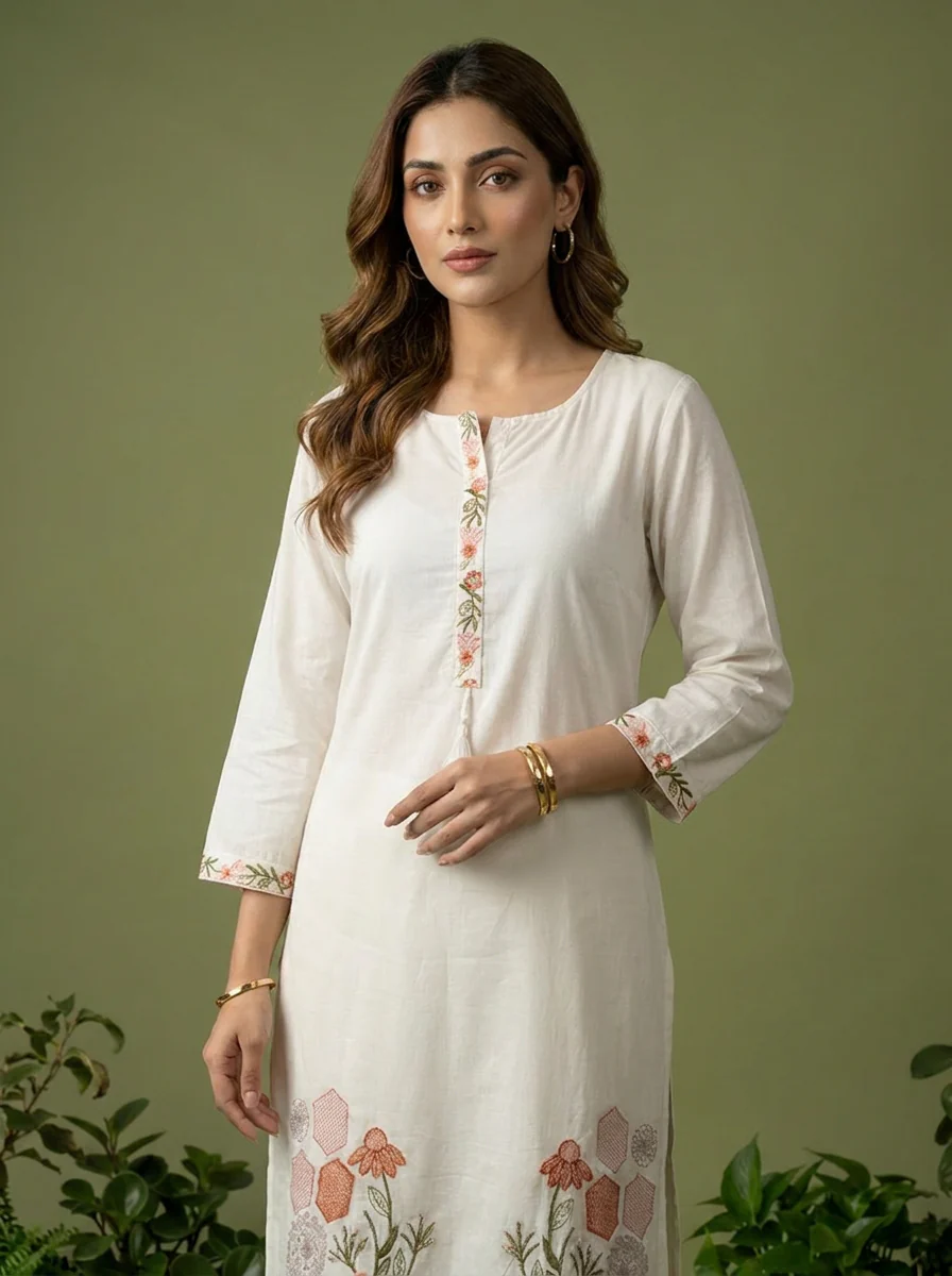White Cotton Thread And Patch Embroidered Kurta