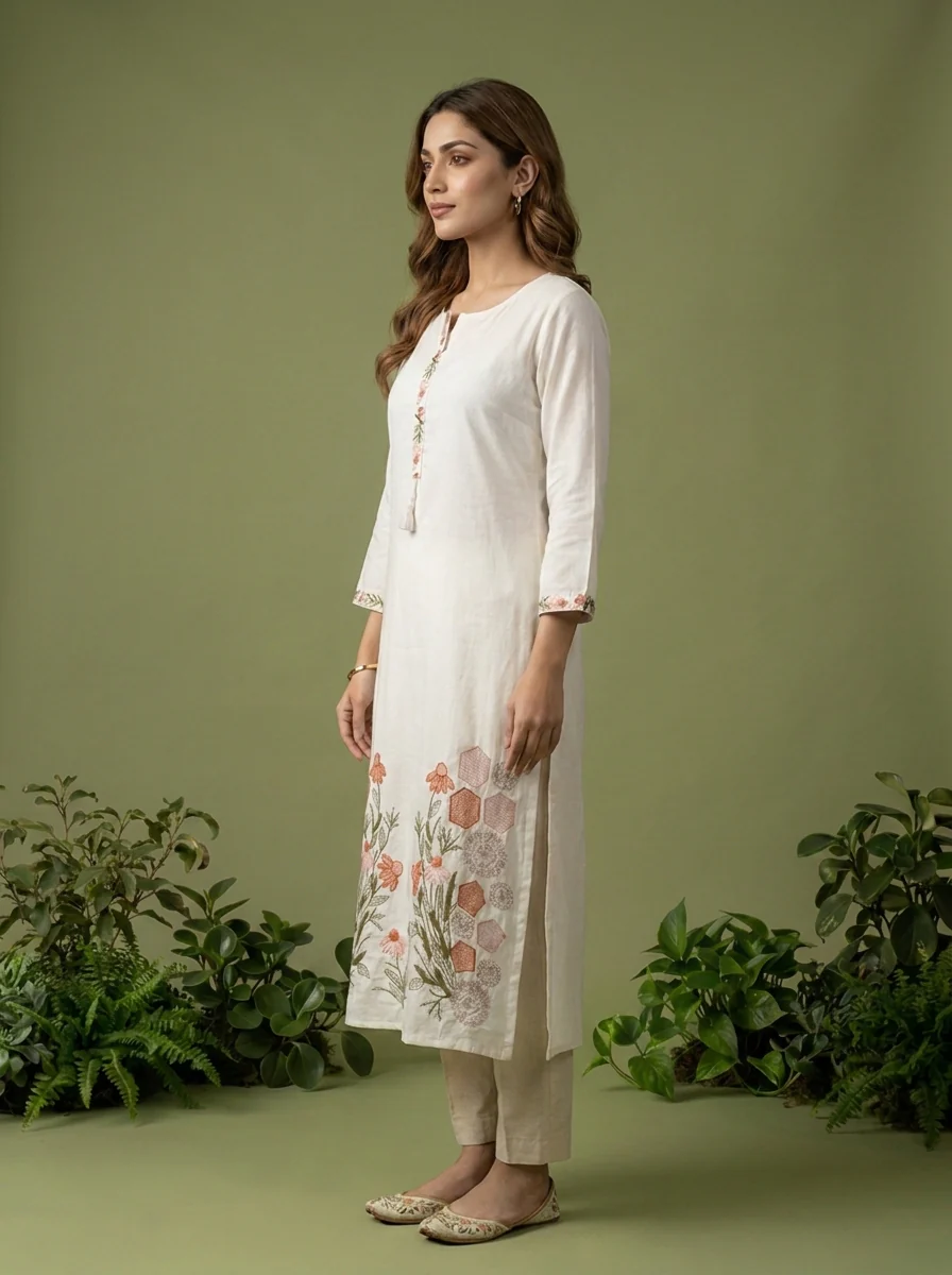 White Cotton Thread And Patch Embroidered Kurta - Image 4