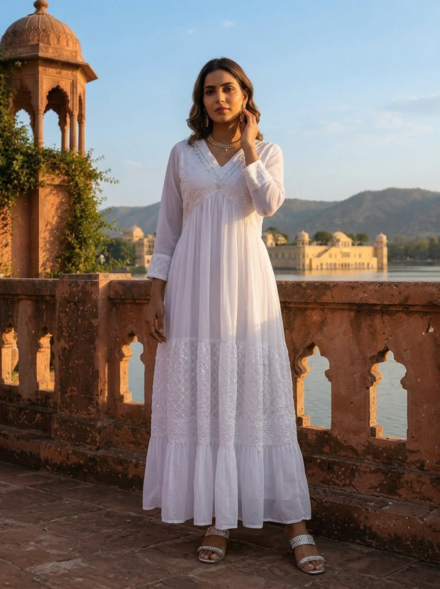 White Crepe Geometric Floral Embroidered Dress