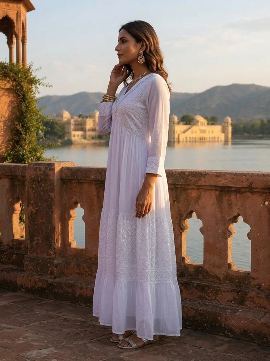 White Crepe Geometric Floral Embroidered Dress - Image 4