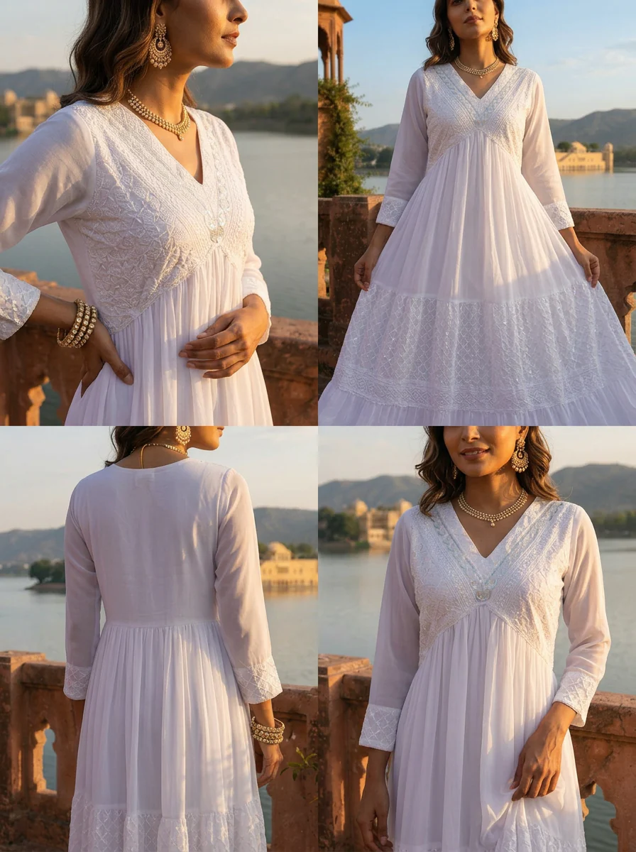 White Crepe Geometric Floral Embroidered Dress - Image 5