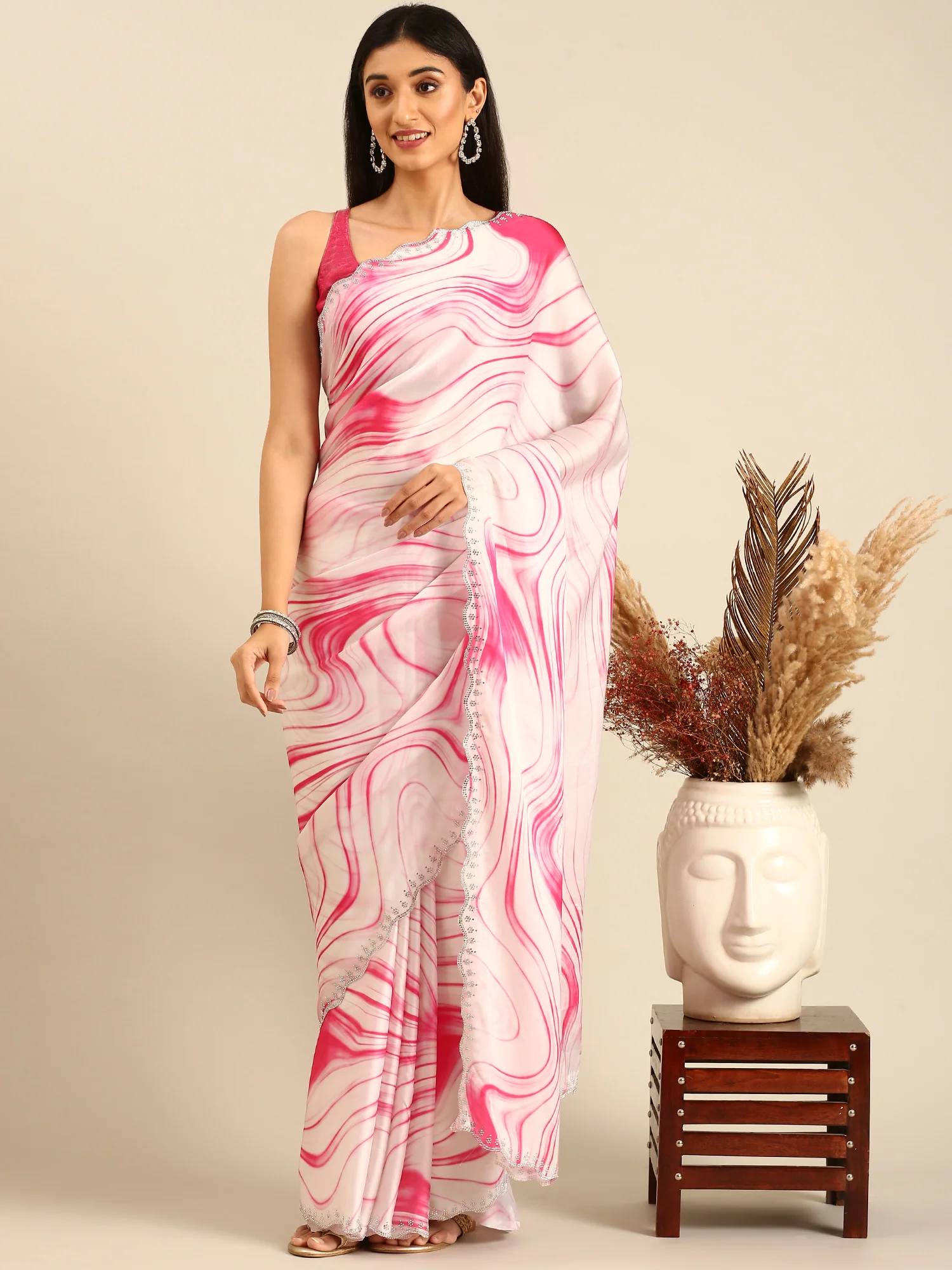 White & Pink satin saree with Swarovski embroidery - Image 4