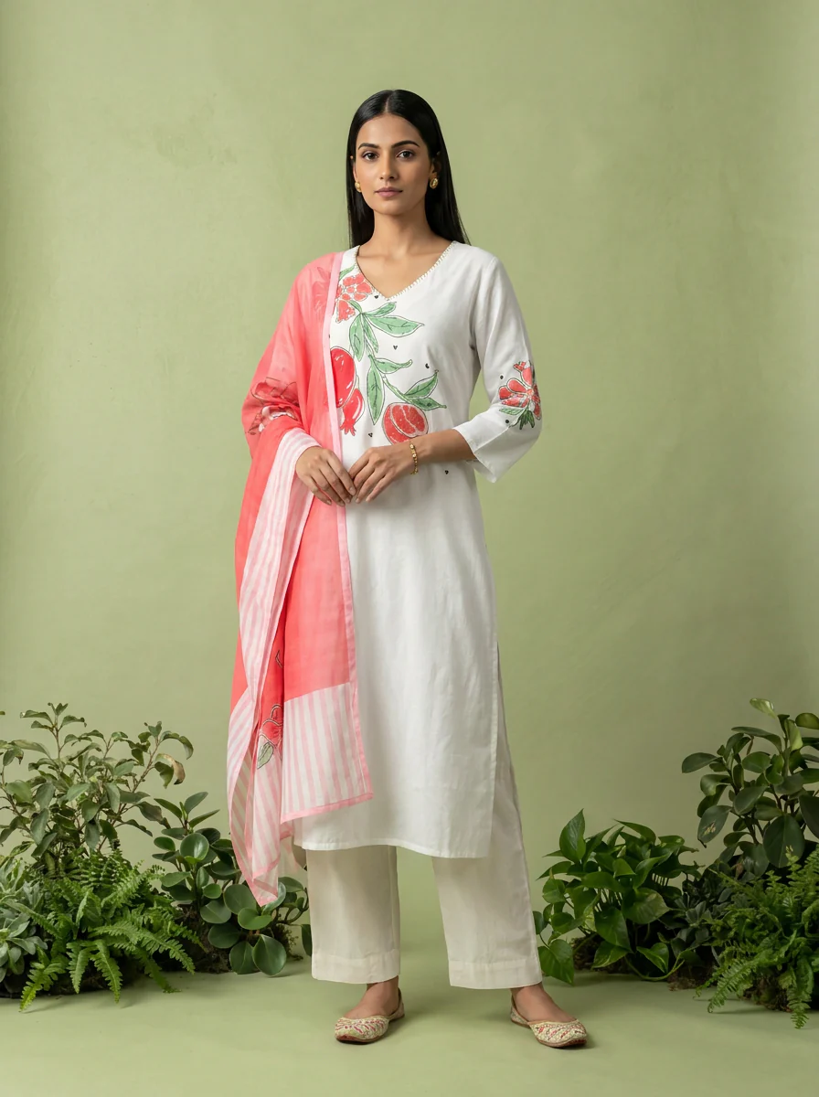 White Printed Cotton Three Piece Set With Contrast Dupatta - Image 2