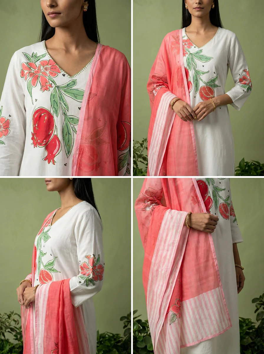 White Printed Cotton Three Piece Set With Contrast Dupatta - Image 5