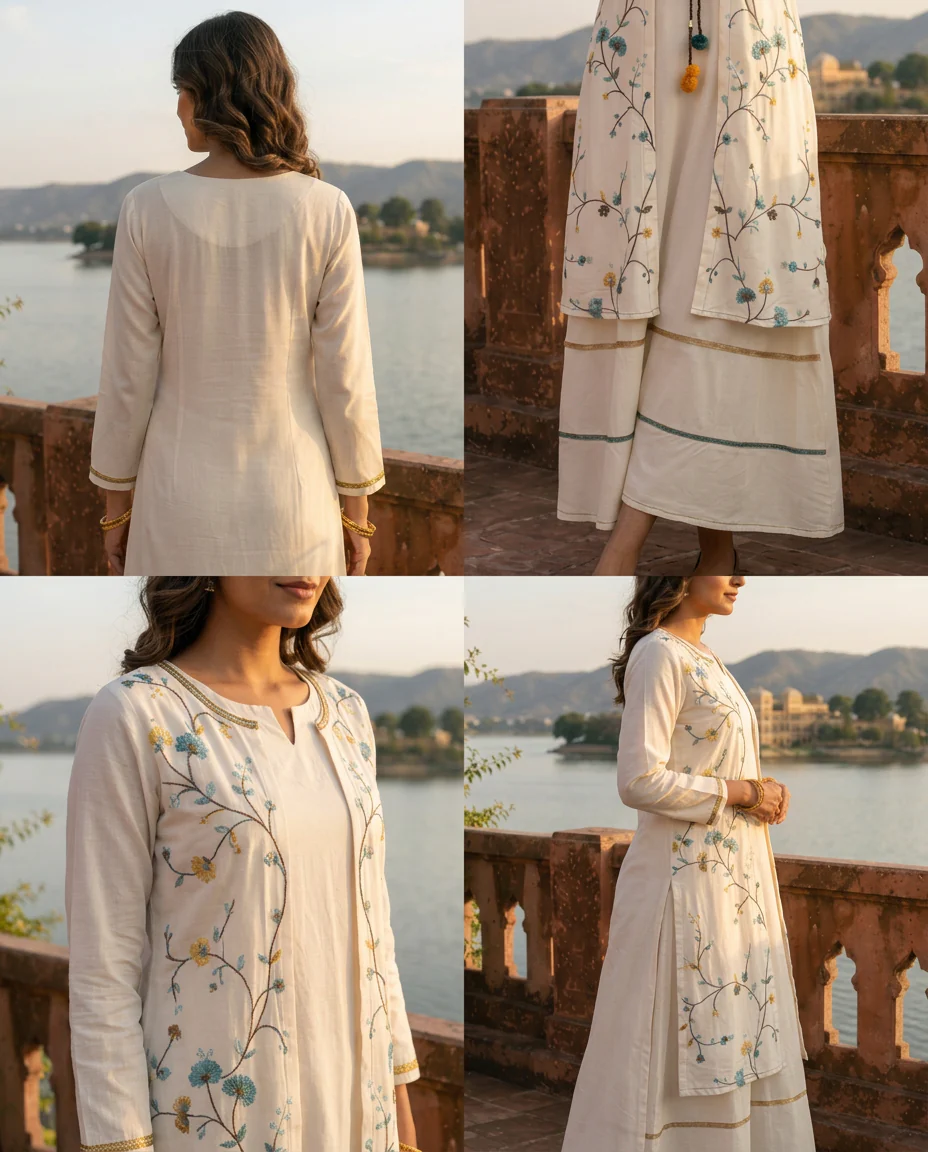 White Rayon Floral Embroidery Shrug Dress - Image 5