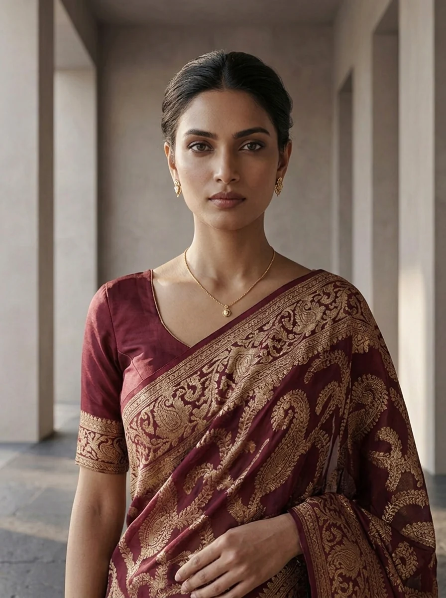 Wine Banaras Floral Design Weared Saree - Image 3