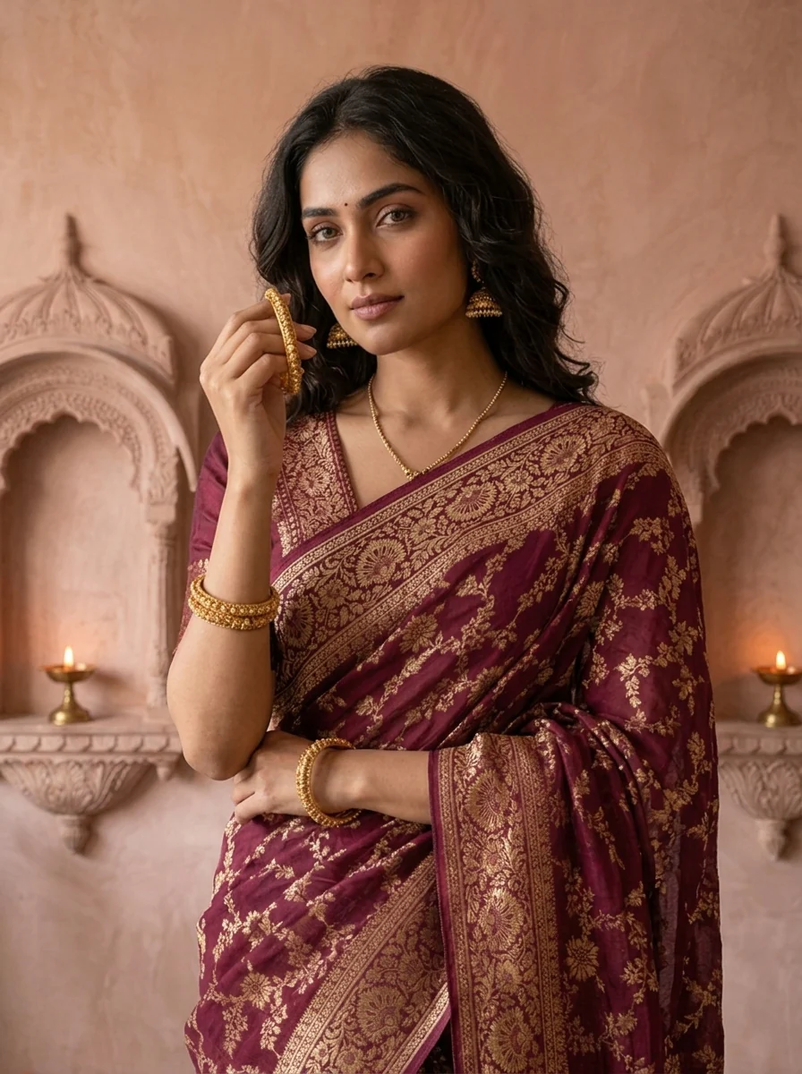Wine Banaras Floral Design Weaved Saree - Image 3