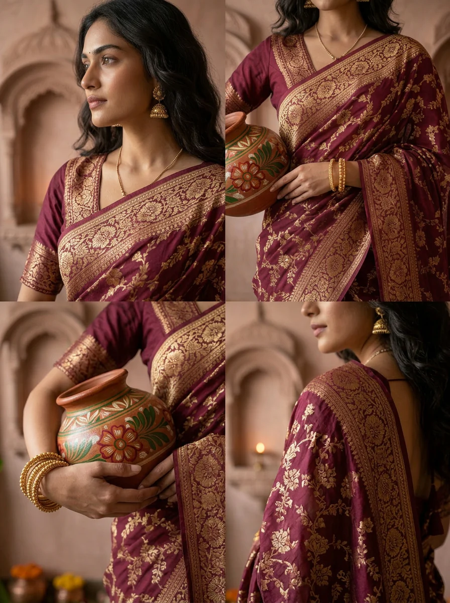 Wine Banaras Floral Design Weaved Saree - Image 4
