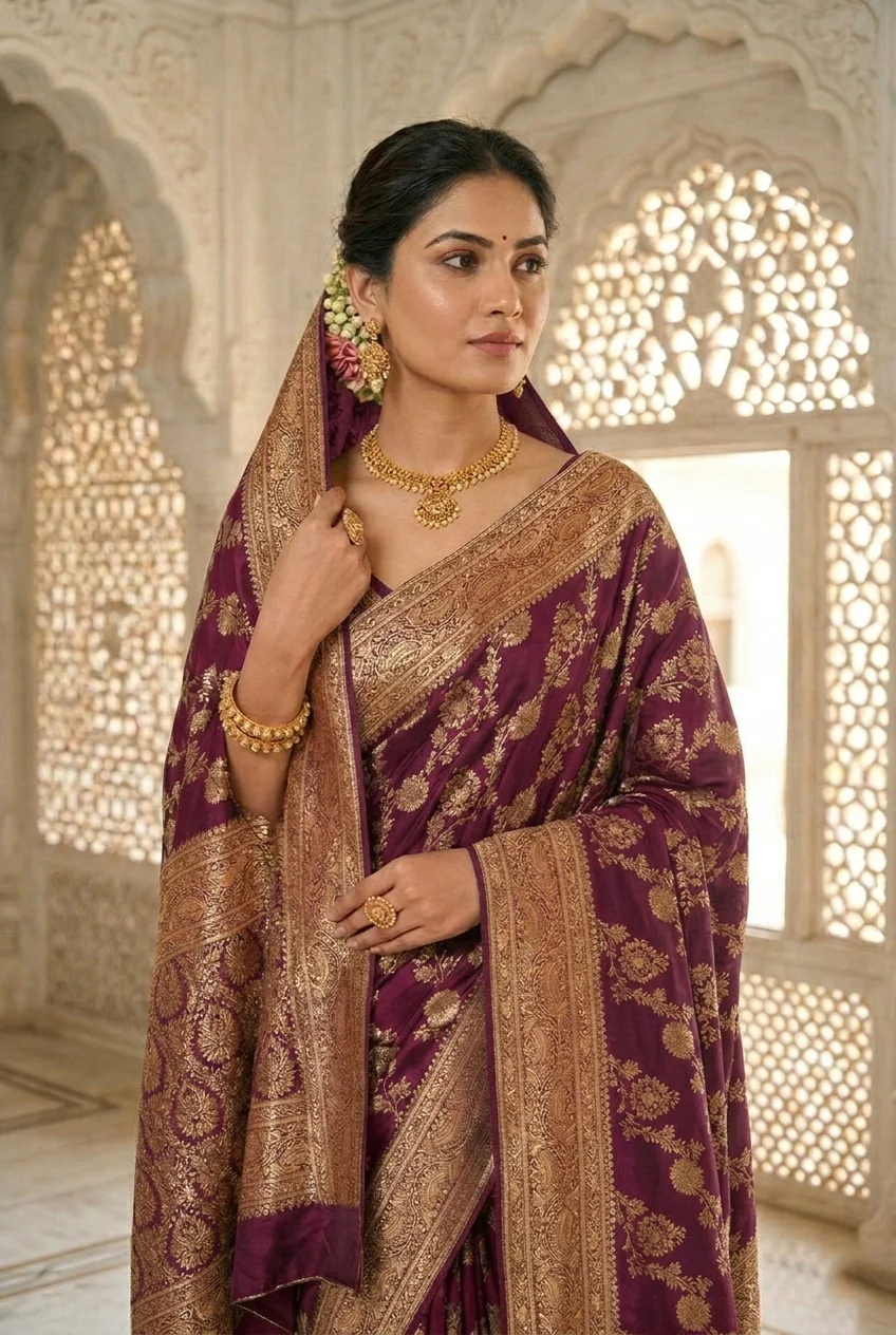 Wine Banaras Floral Pattu Saree - Image 2