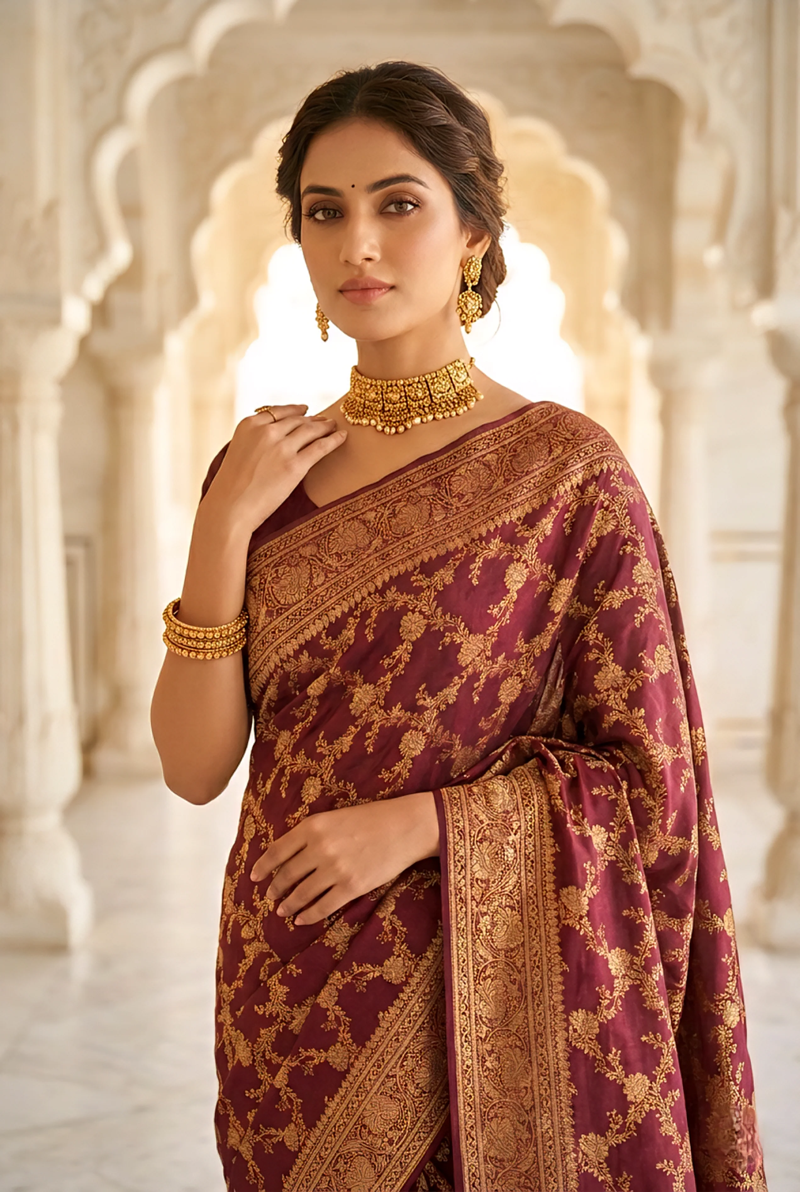 Wine Banaras Floral Pattu Saree - Image 2