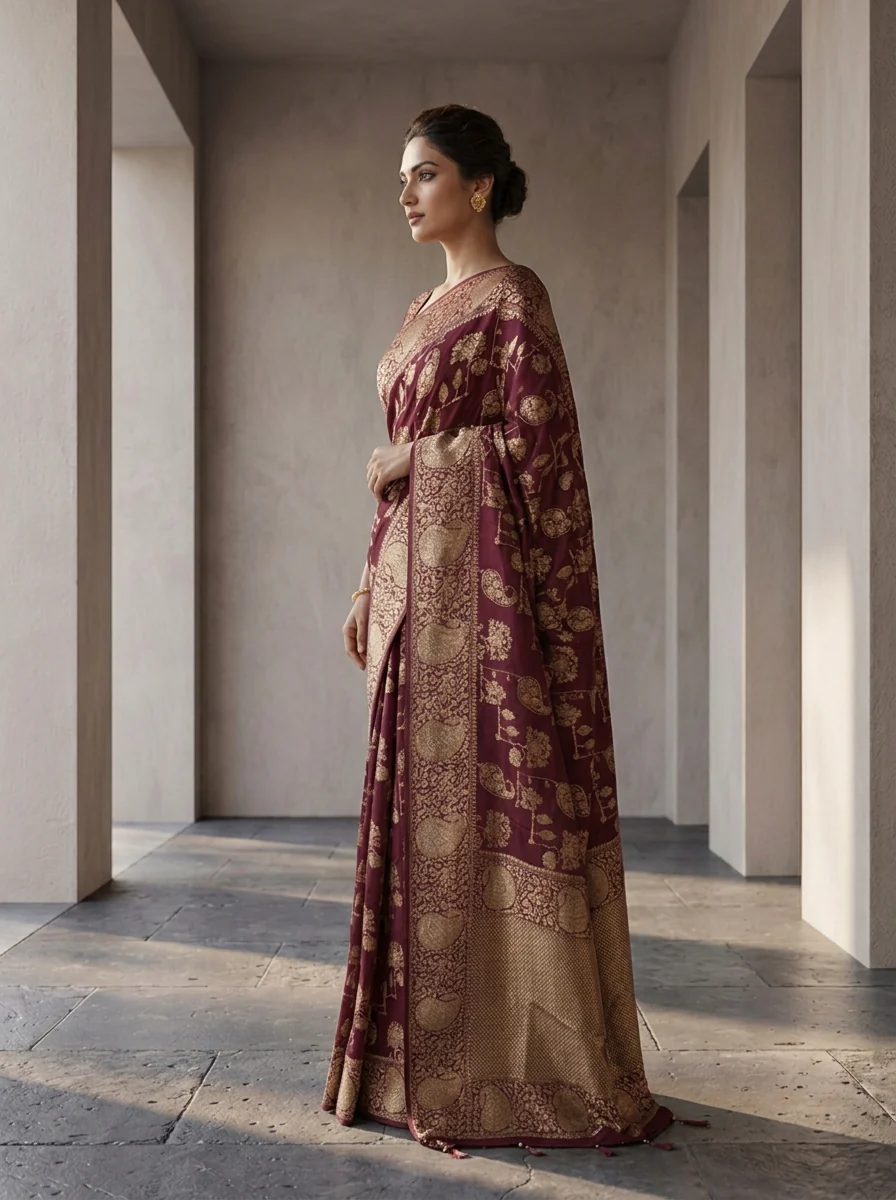 Wine Banaras Paisley Design Weaved Saree - Image 3