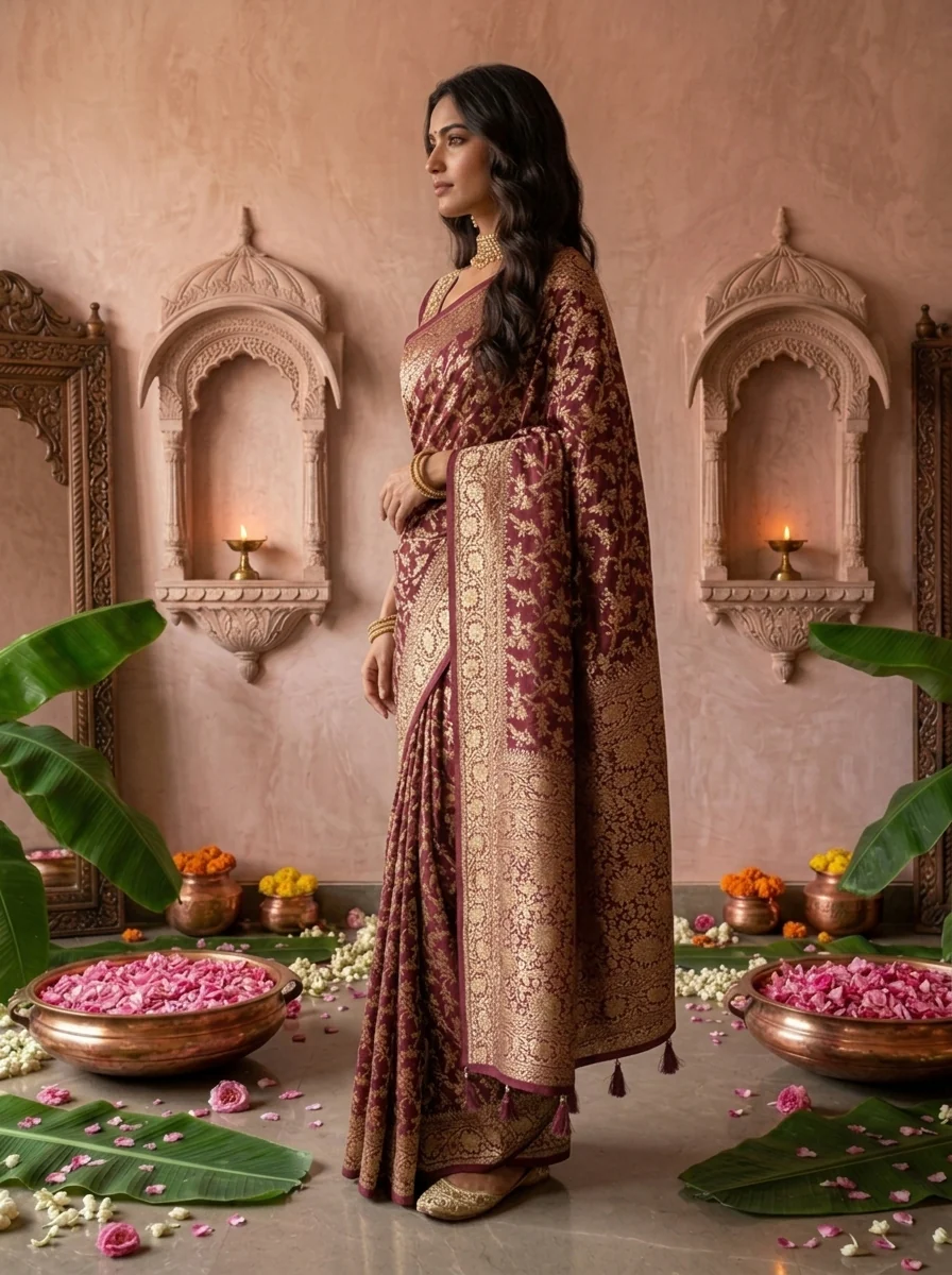 Wine Banaras Saree With Heavy Floral Design - Image 2