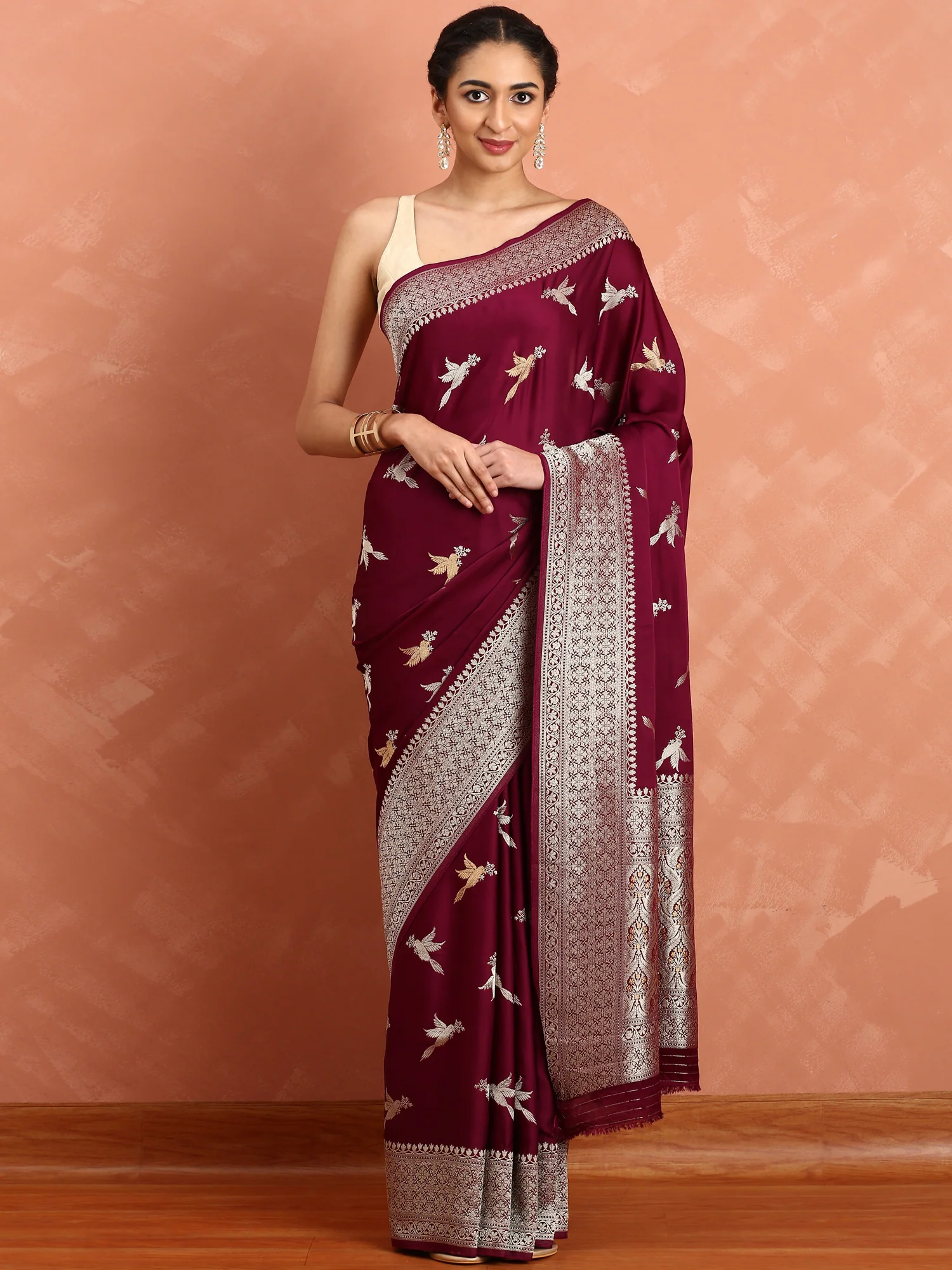 Wine banaras silk saree with gold and silver motifs - Image 2