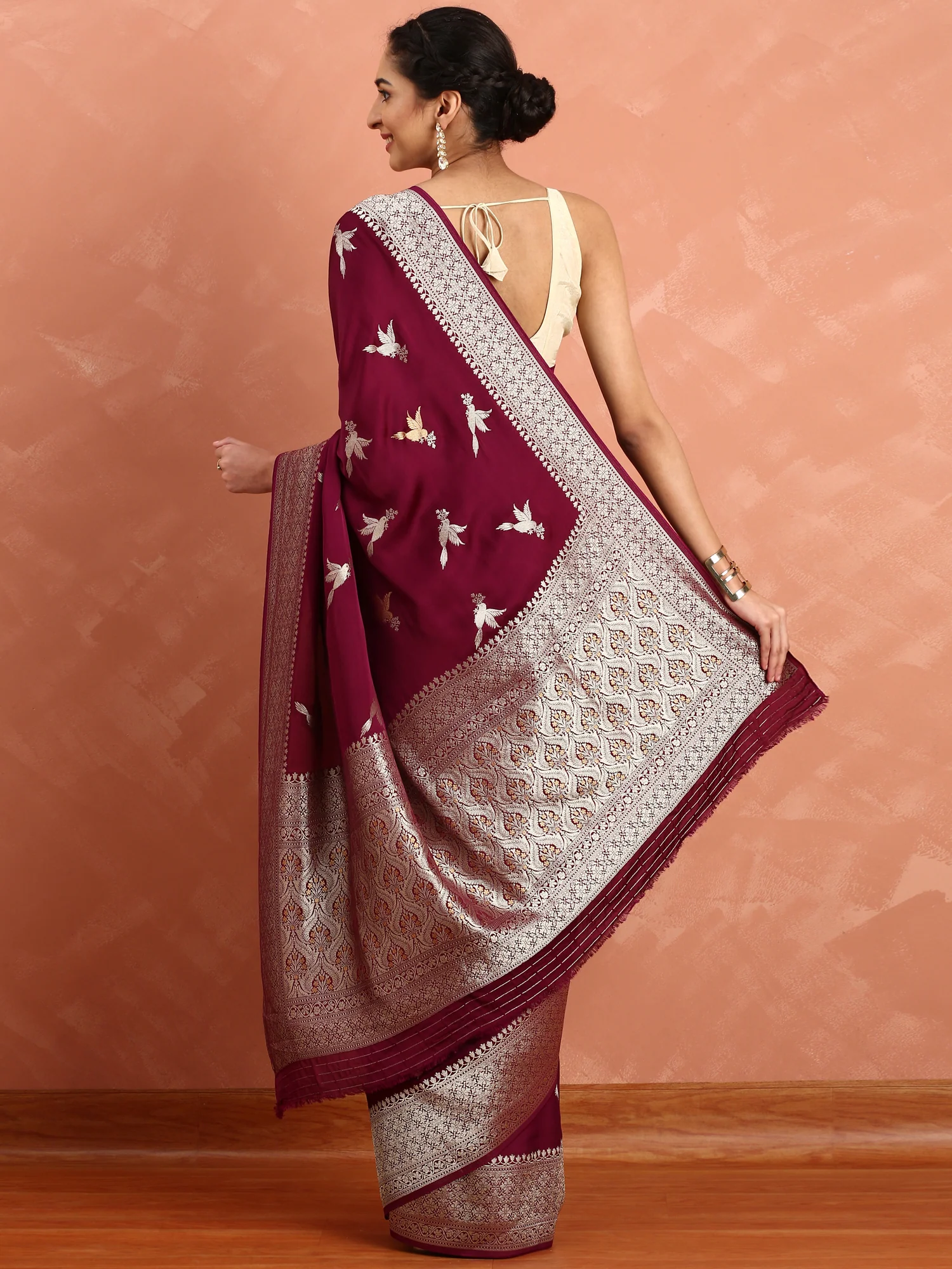 Wine banaras silk saree with gold and silver motifs - Image 3