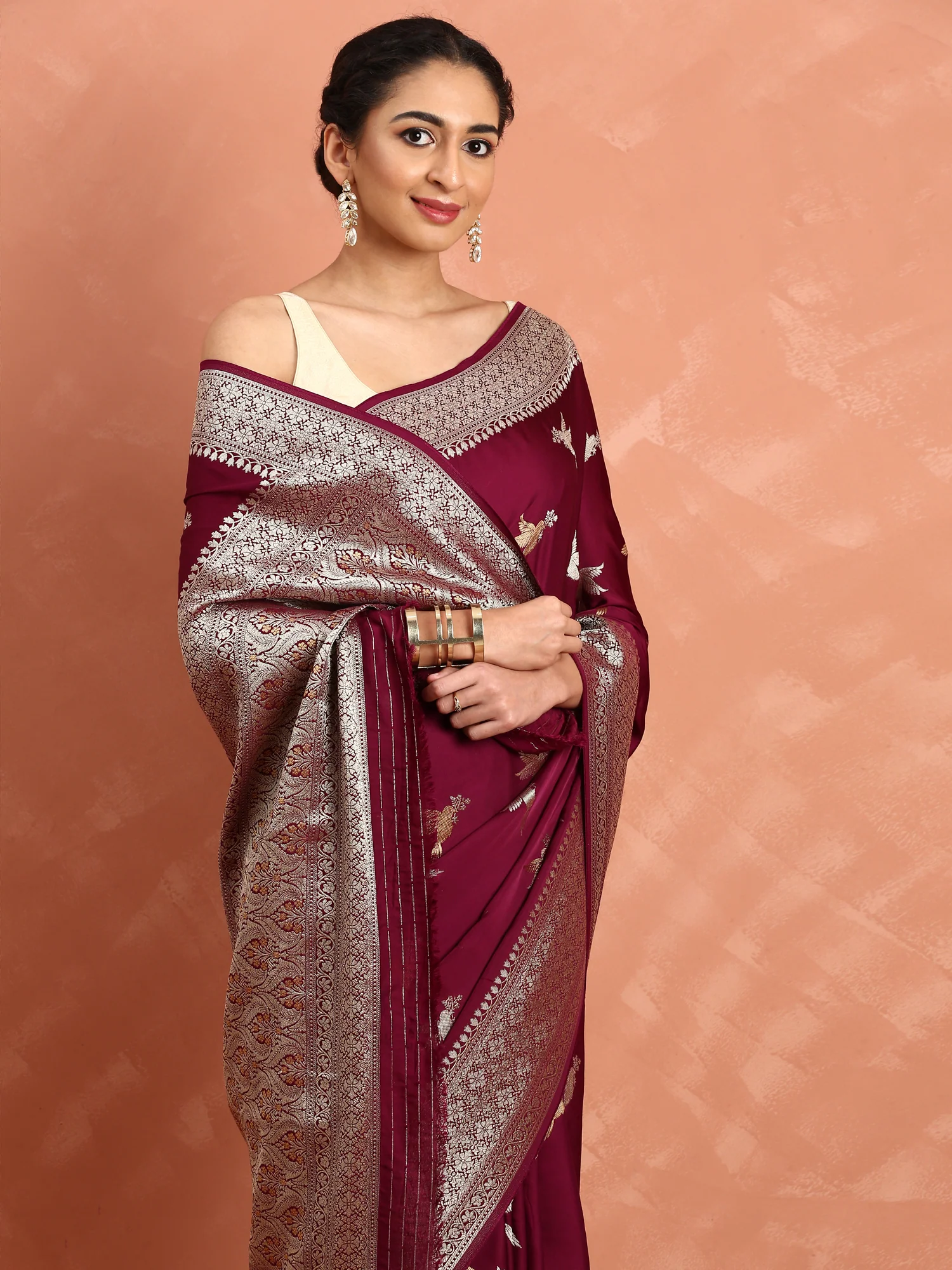 Wine banaras silk saree with gold and silver motifs - Image 4