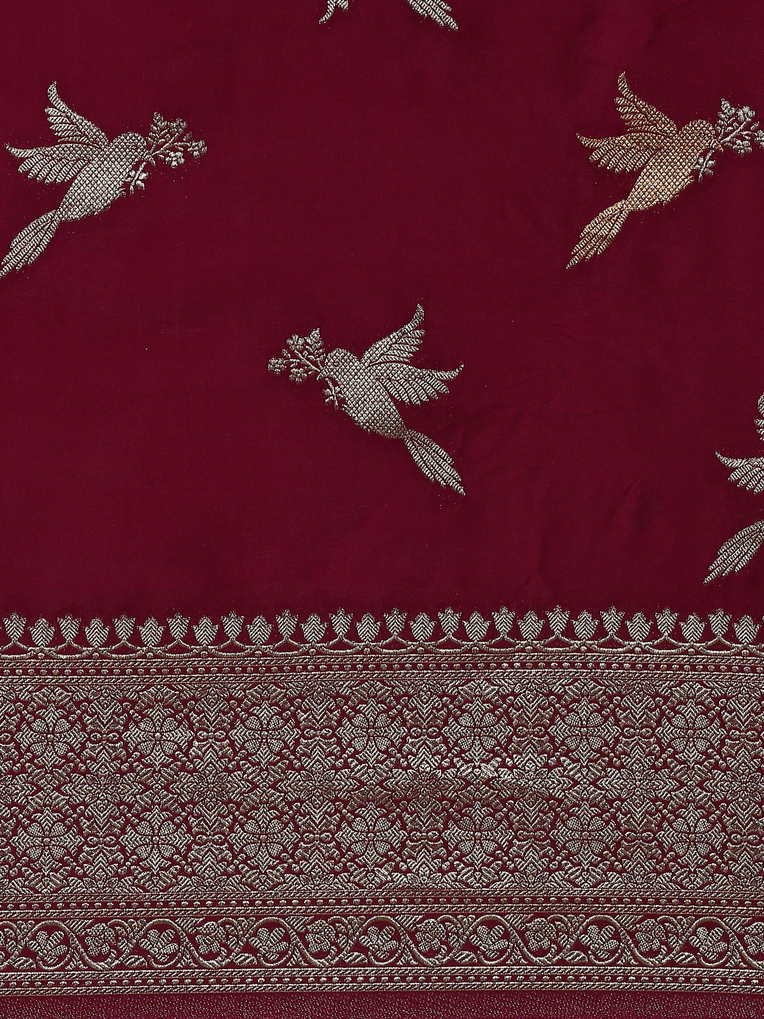 Wine banaras silk saree with gold and silver motifs - Image 5